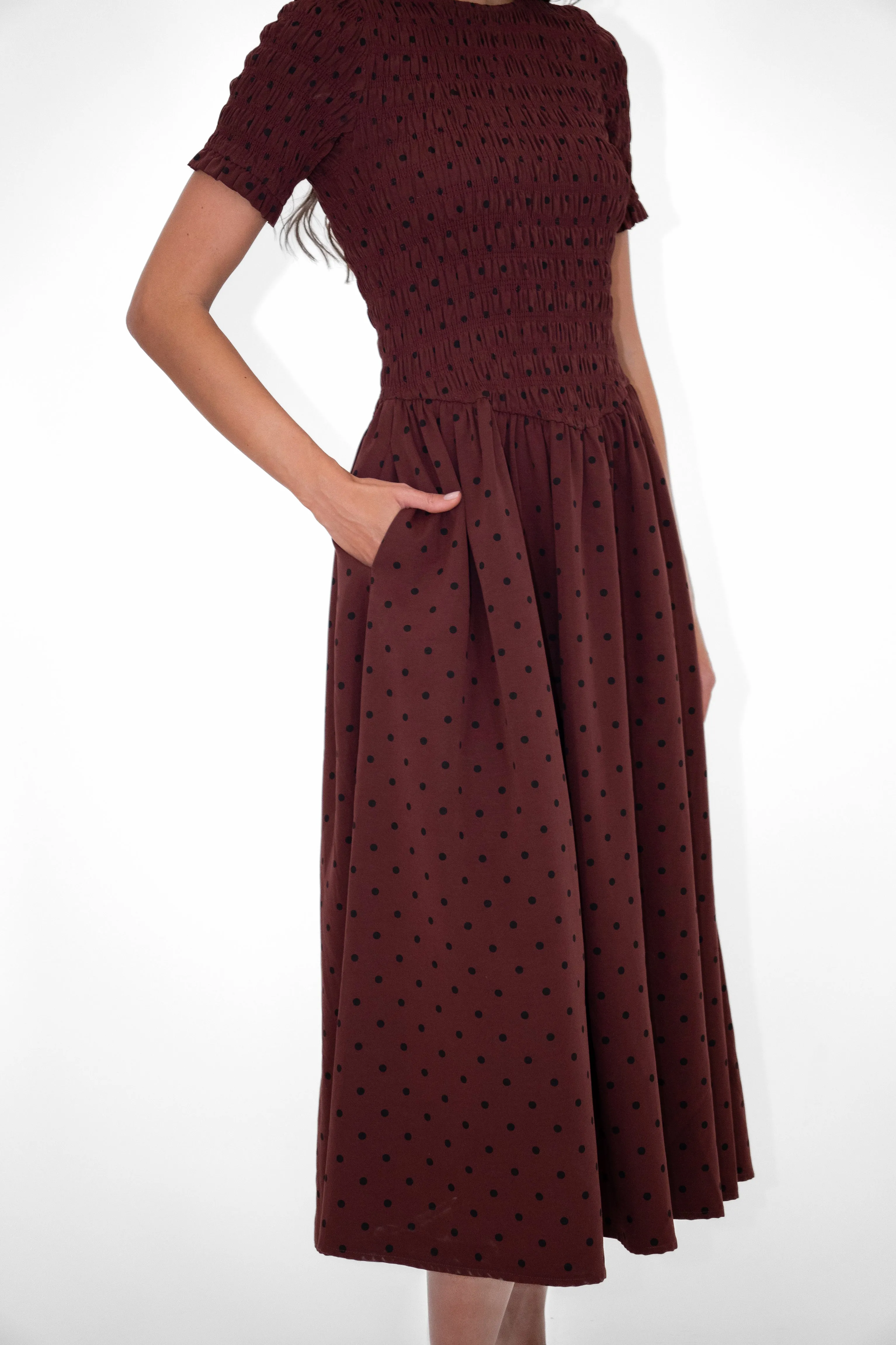Beatrix Smocked Plum Polka Dot Midi Dress sold by AMYLYNN product image thumbnail 3