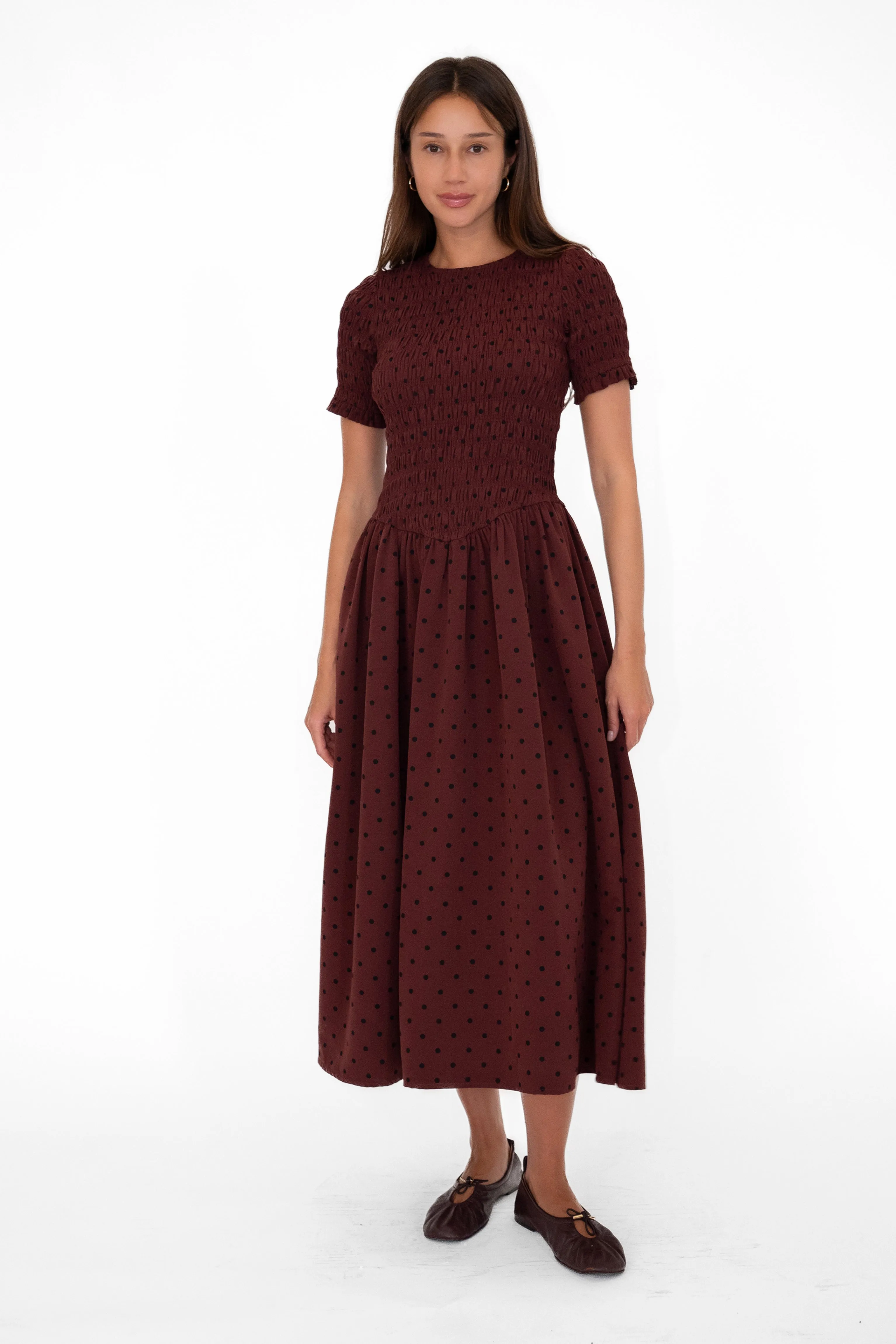 Beatrix Smocked Plum Polka Dot Midi Dress sold by AMYLYNN product image thumbnail 2