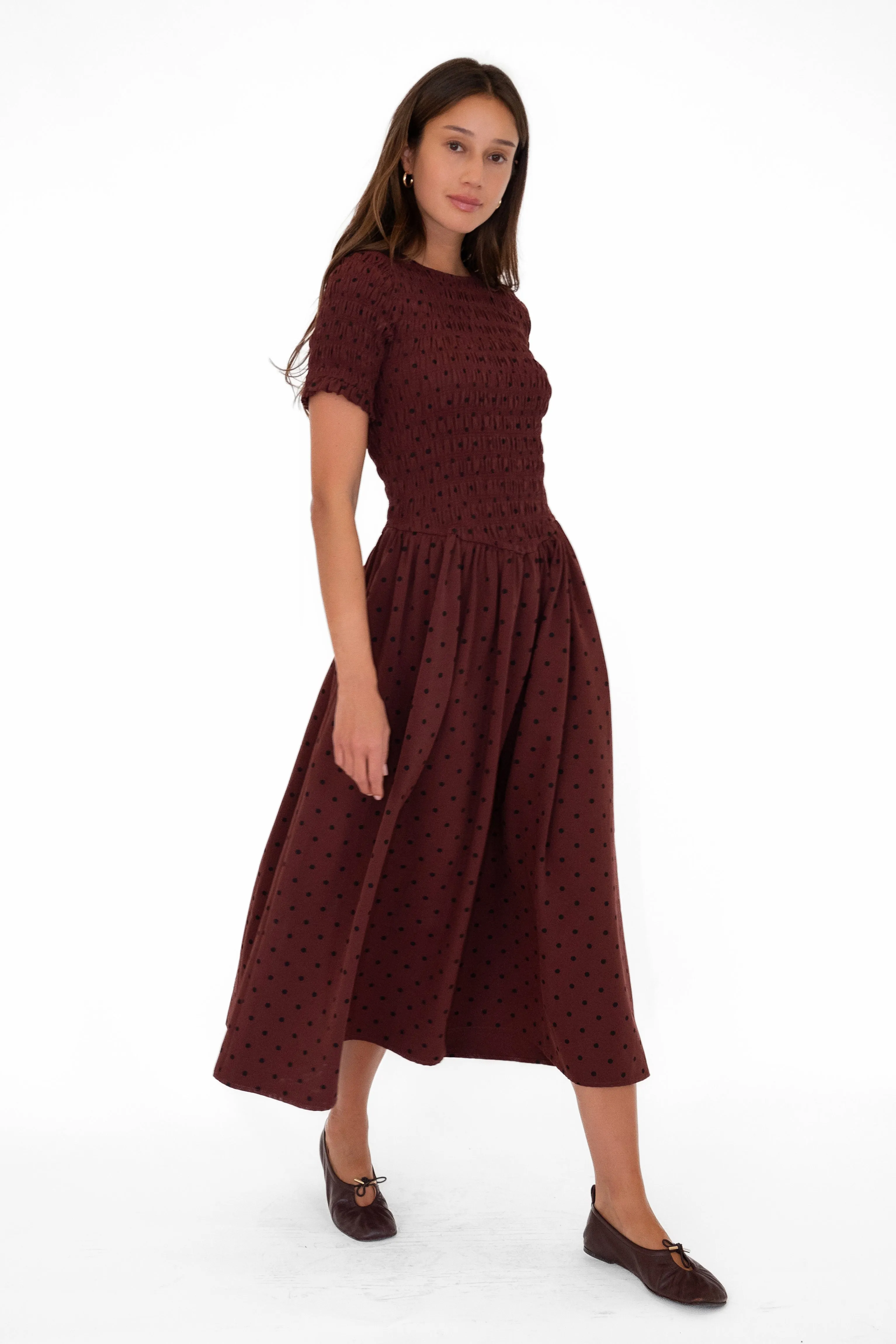 Beatrix Smocked Plum Polka Dot Midi Dress sold by AMYLYNN product image thumbnail 5