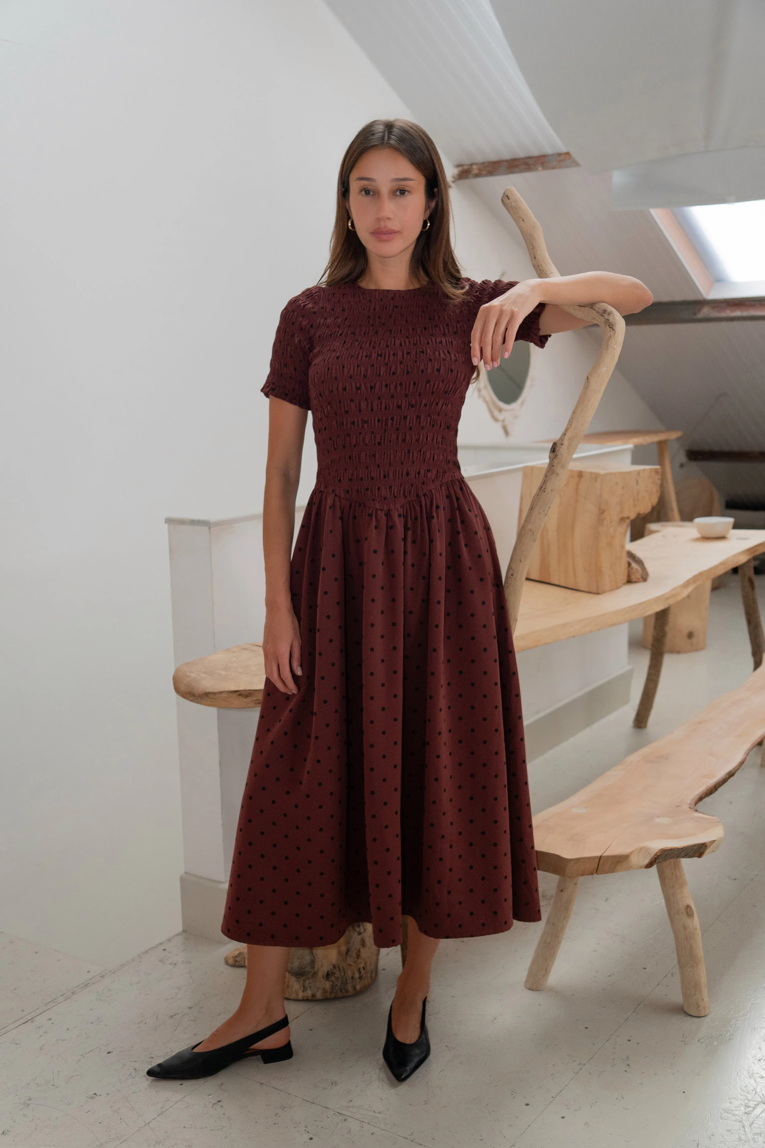 Beatrix Smocked Plum Polka Dot Midi Dress sold by AMYLYNN