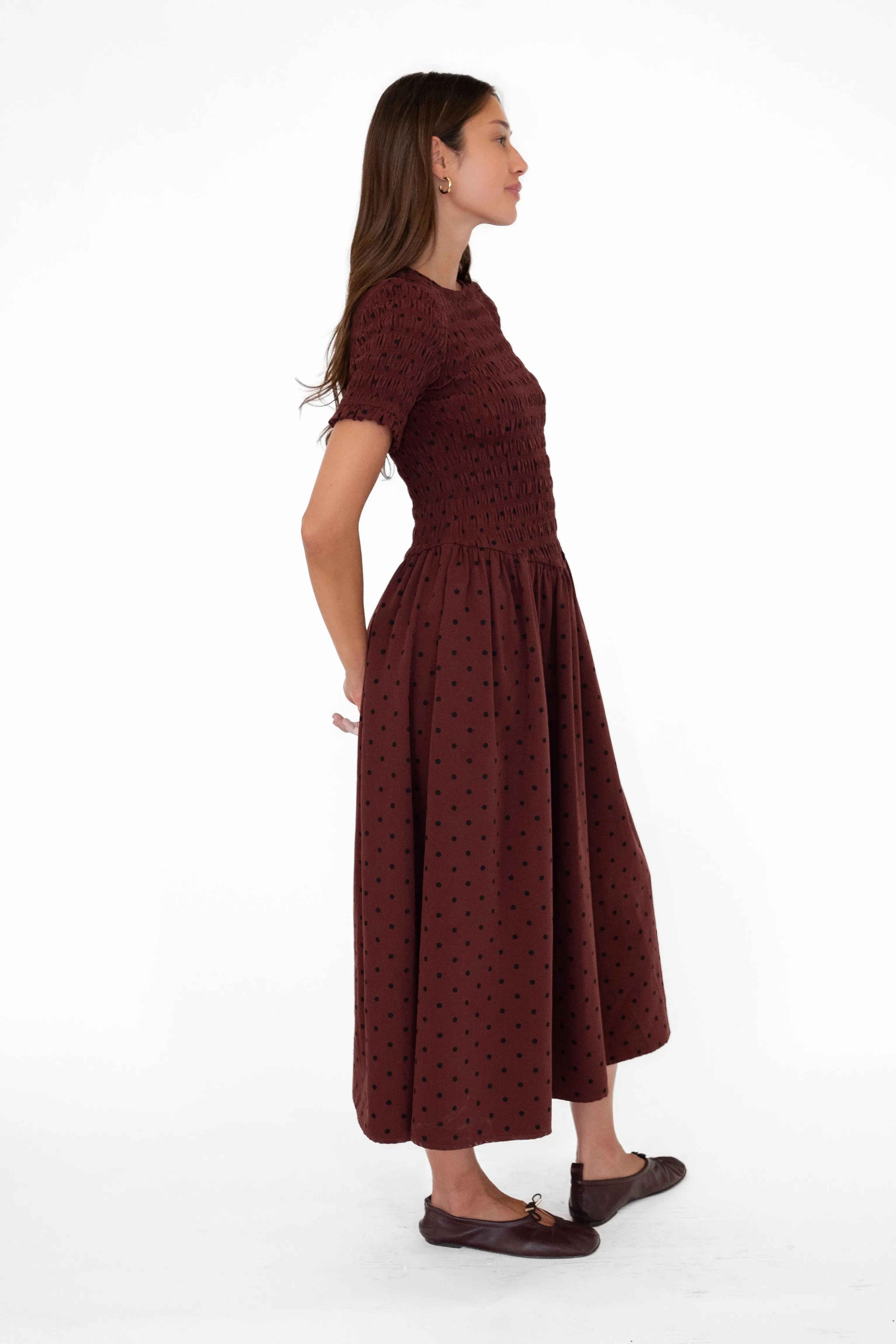 Beatrix Smocked Plum Polka Dot Midi Dress sold by AMYLYNN product image thumbnail 4