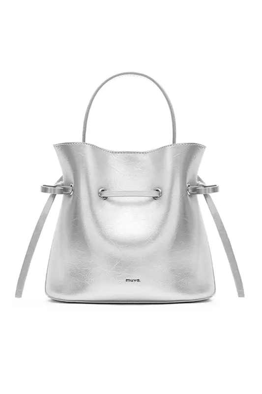Lyon Silver Leather Bucket Bag sold by AMYLYNN