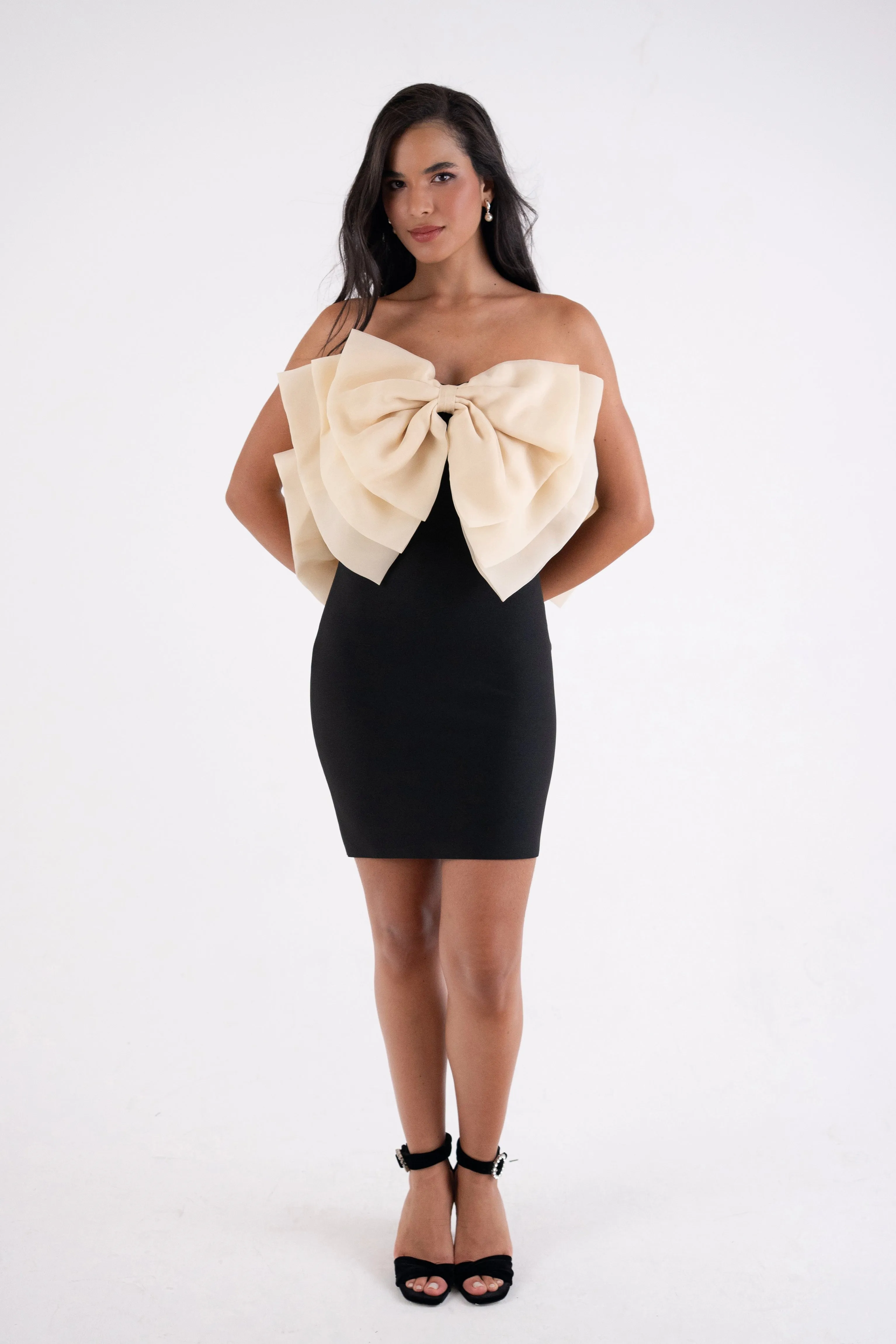 Oscar Black Bandage Organza Bow Mini Dress sold by AMYLYNN