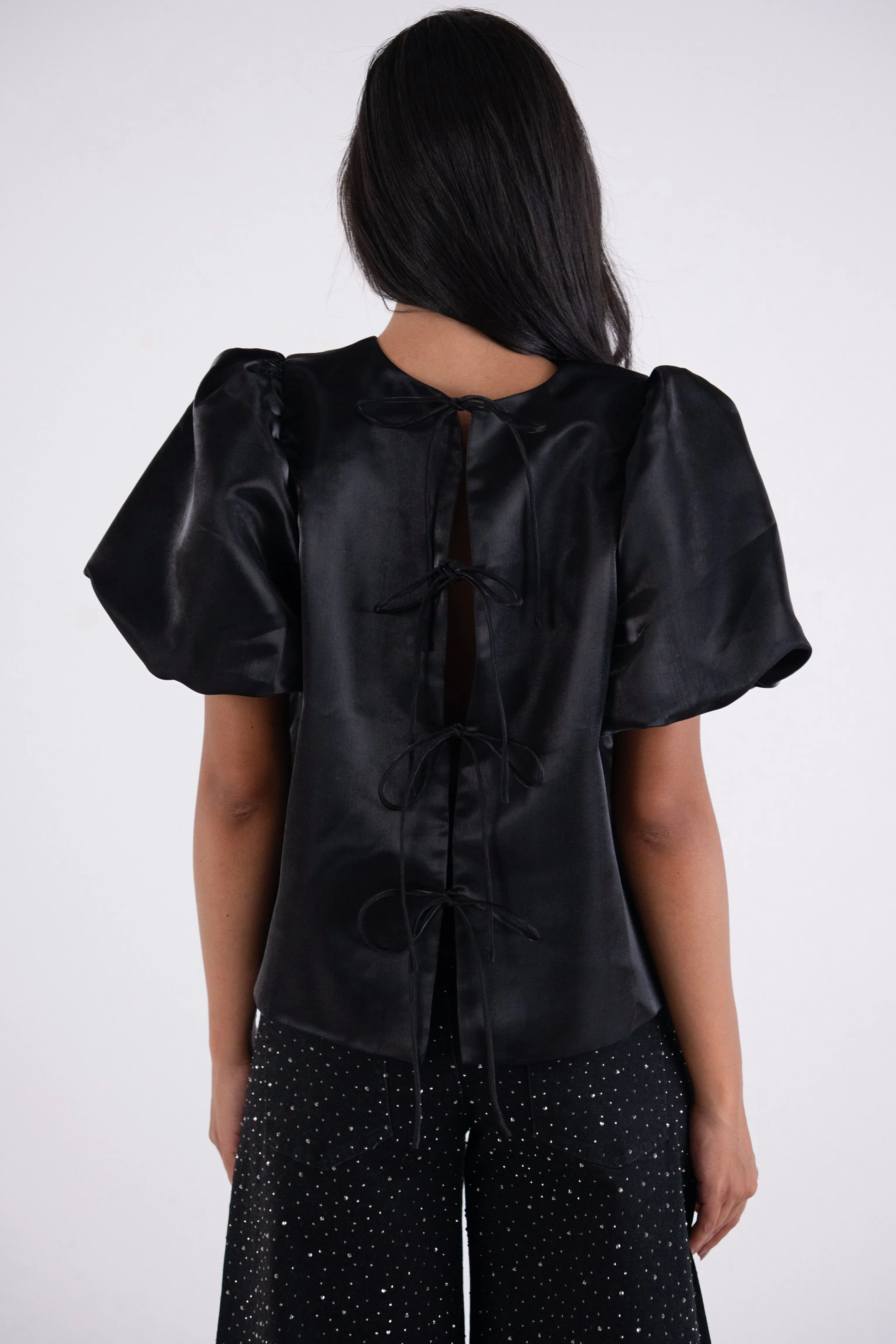 Aurelia Puffball Black High Shine Satin Tie Top sold by AMYLYNN product image thumbnail 5