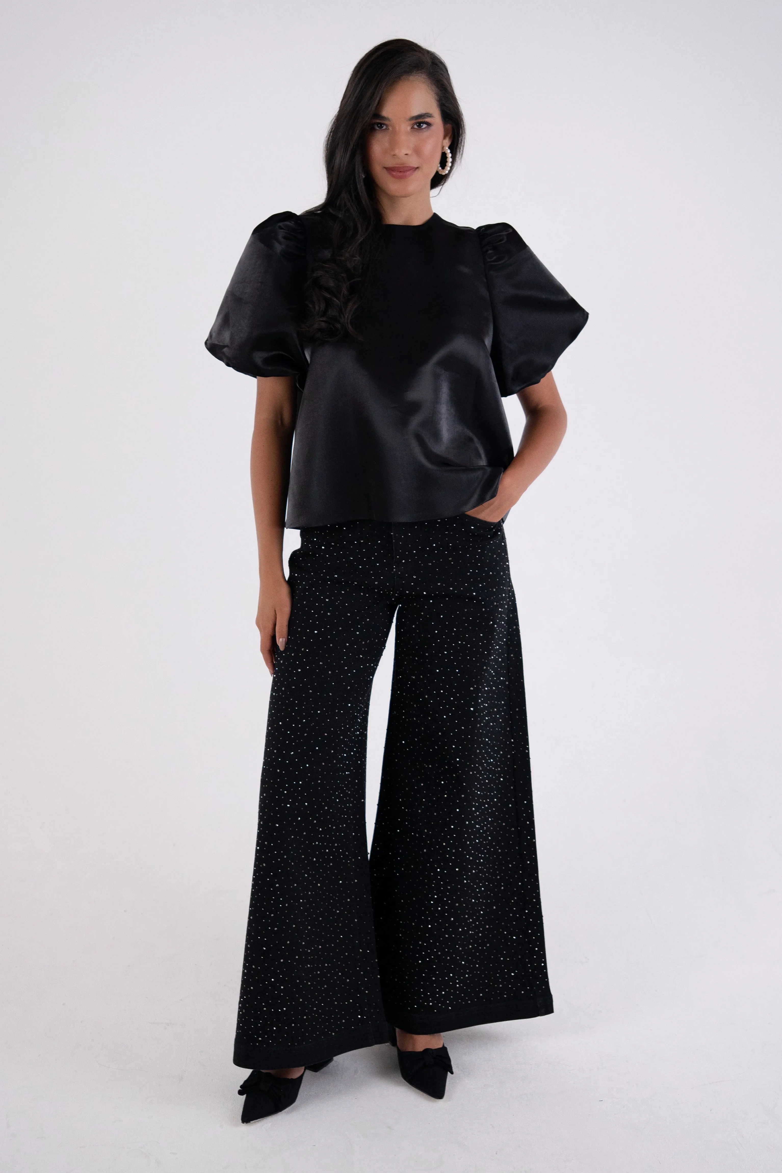 Aurelia Puffball Black High Shine Satin Tie Top sold by AMYLYNN product image thumbnail 2