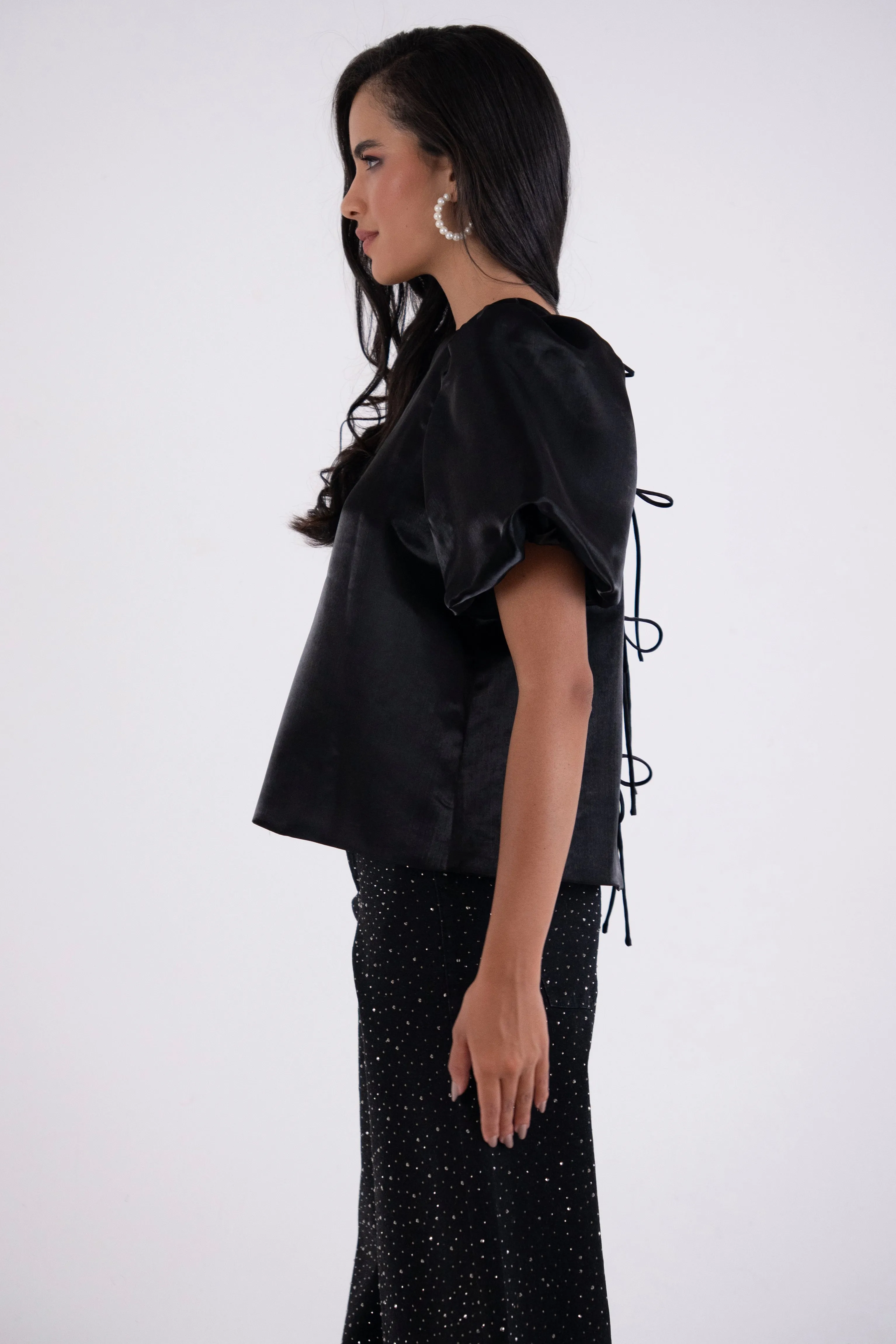 Aurelia Puffball Black High Shine Satin Tie Top sold by AMYLYNN product image thumbnail 3