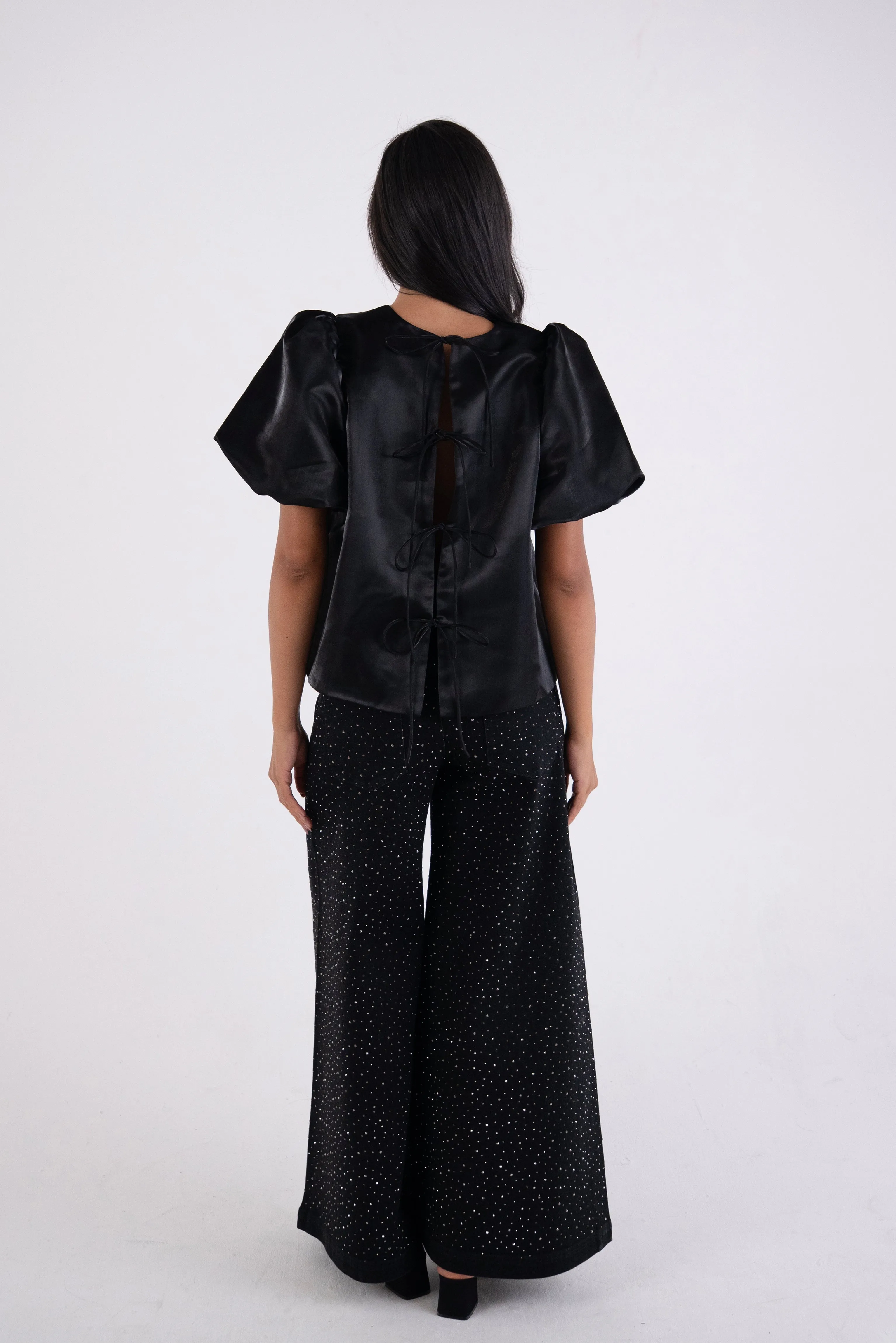 Aurelia Puffball Black High Shine Satin Tie Top sold by AMYLYNN product image thumbnail 4