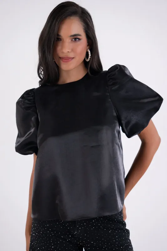 Aurelia Puffball Black High Shine Satin Tie Top sold by AMYLYNN