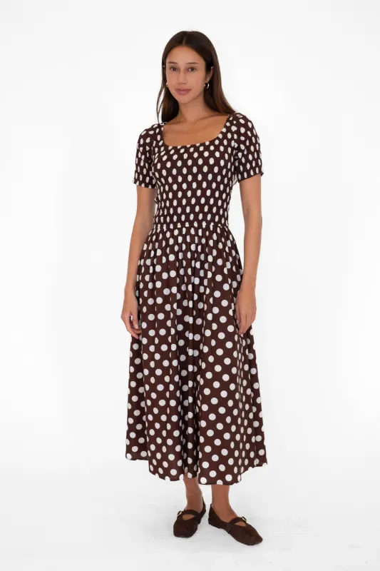 Matilda Pure Cotton Brown Polka Dot Midi Dress sold by AMYLYNN