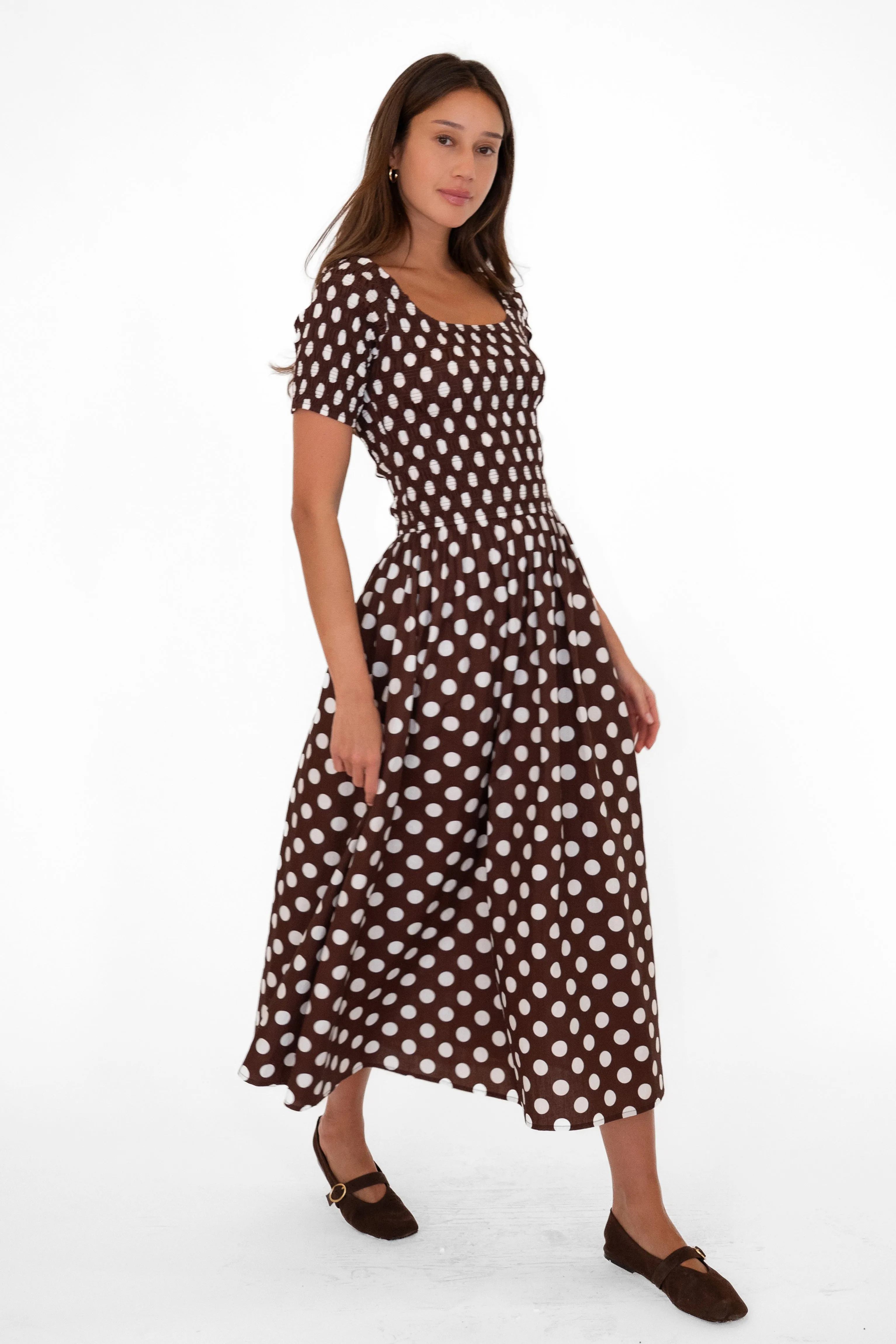 Matilda Pure Cotton Brown Polka Dot Midi Dress sold by AMYLYNN product image thumbnail 3