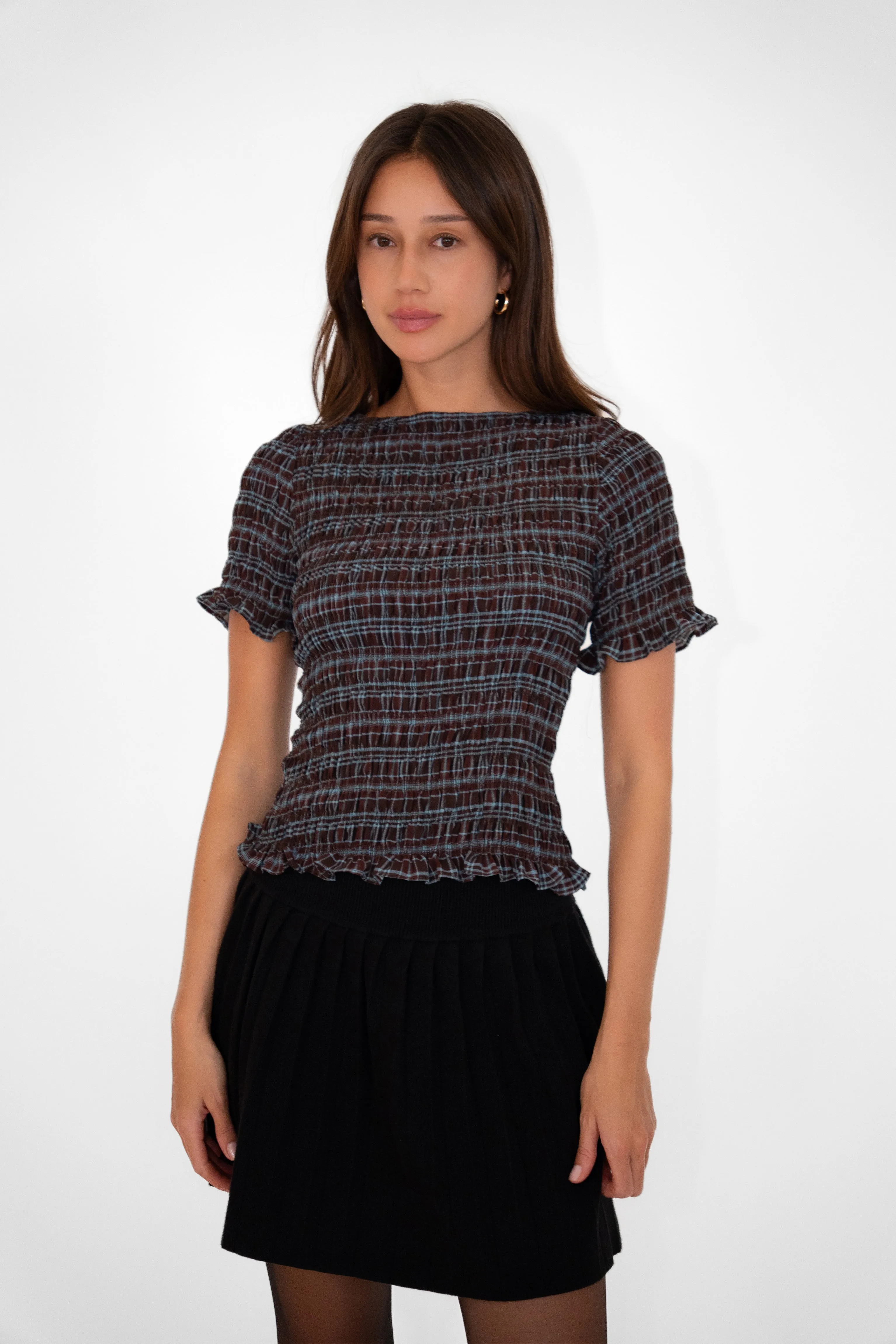 Kitty Heritage Check Chiffon Smocked Frill Sleeve Top sold by AMYLYNN