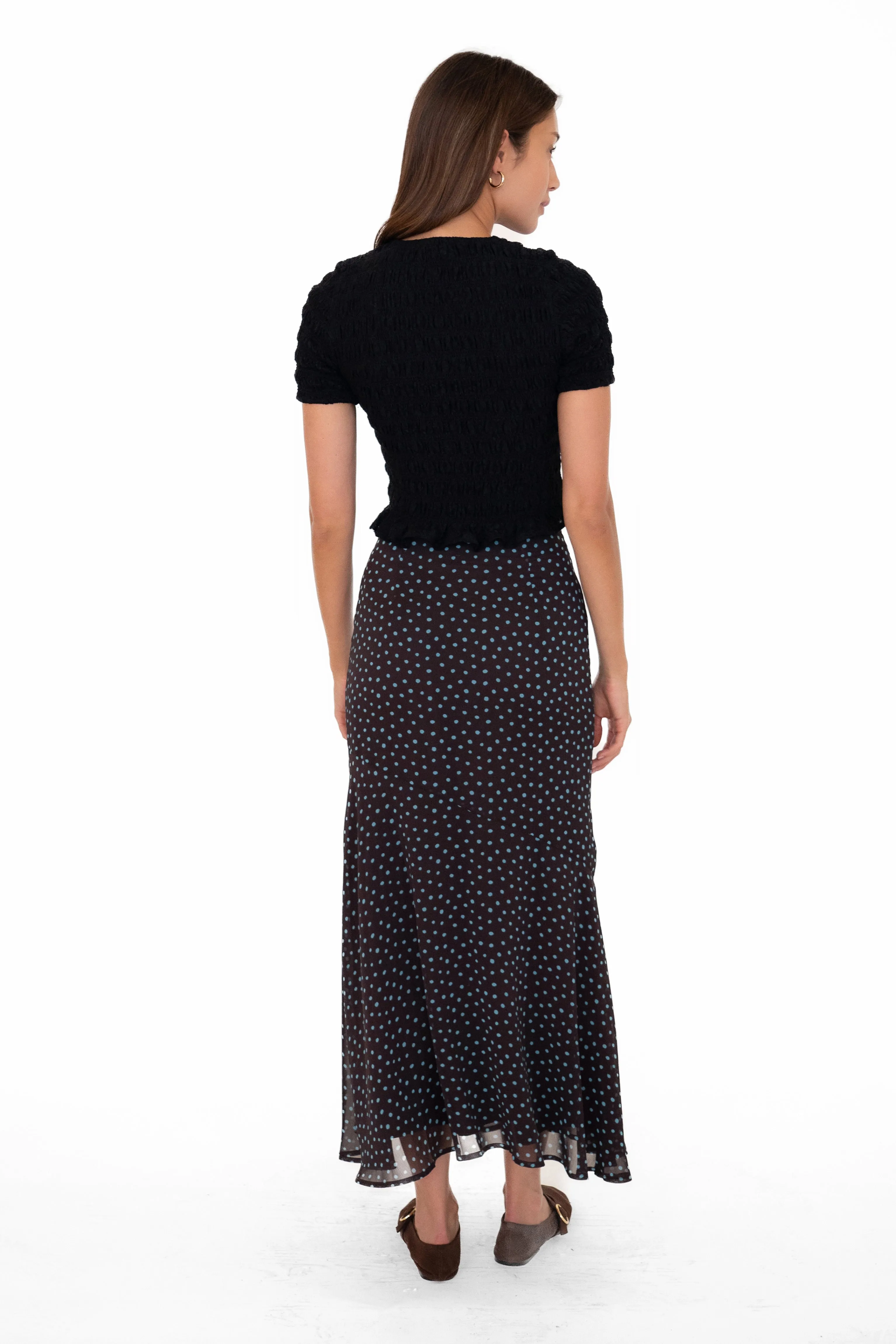 Alma Polka Dot Chiffon Asymmetric Maxi Skirt sold by AMYLYNN product image thumbnail 4