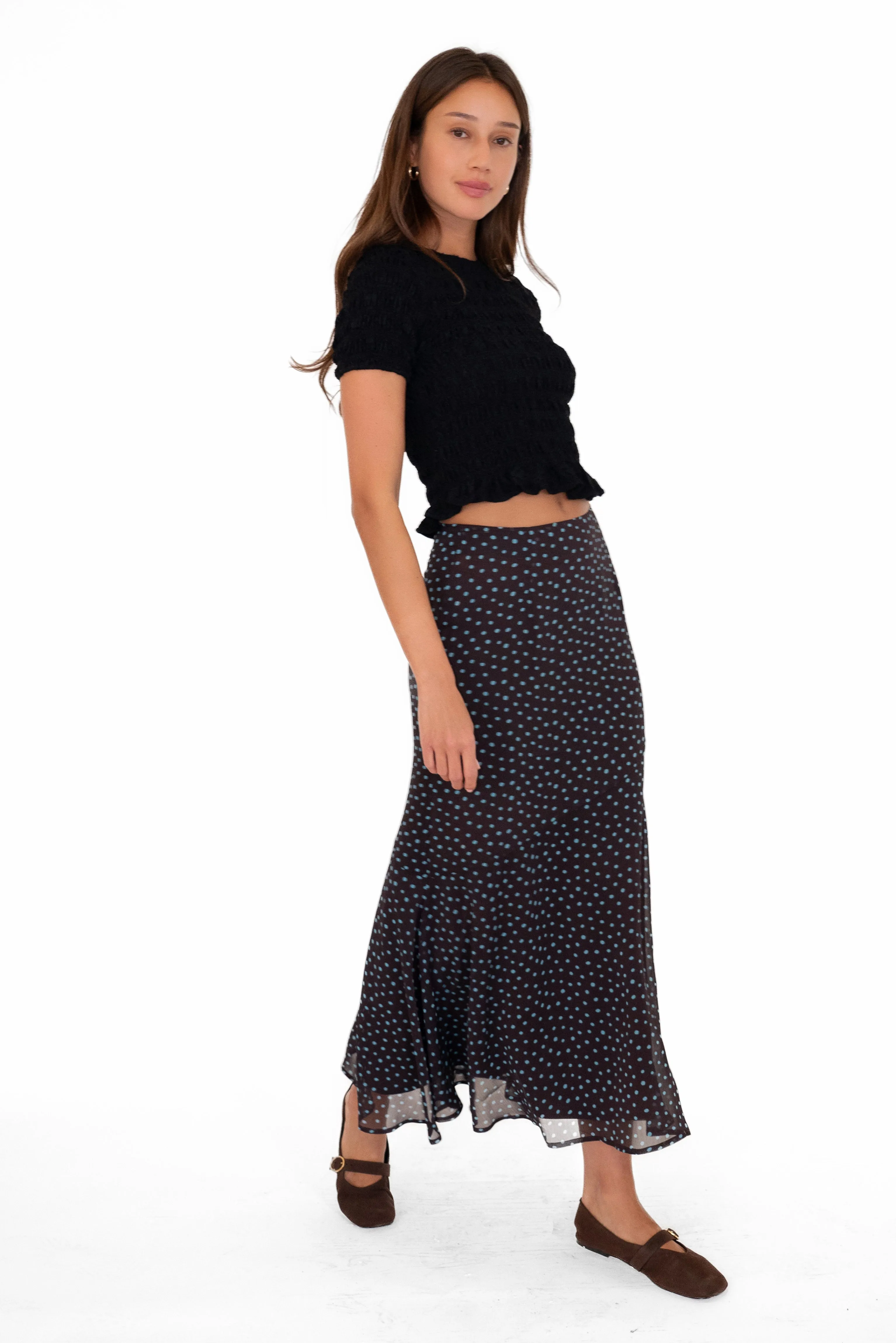 Alma Polka Dot Chiffon Asymmetric Maxi Skirt sold by AMYLYNN product image thumbnail 3