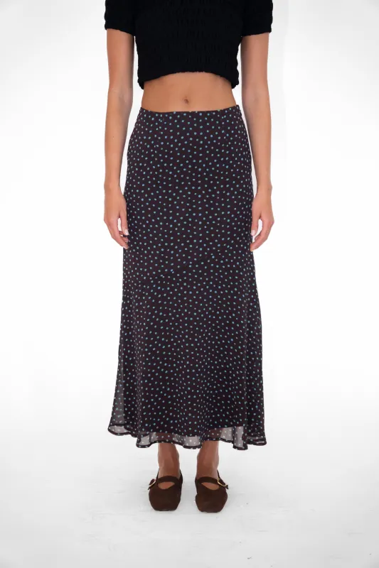 Alma Polka Dot Chiffon Asymmetric Maxi Skirt sold by AMYLYNN