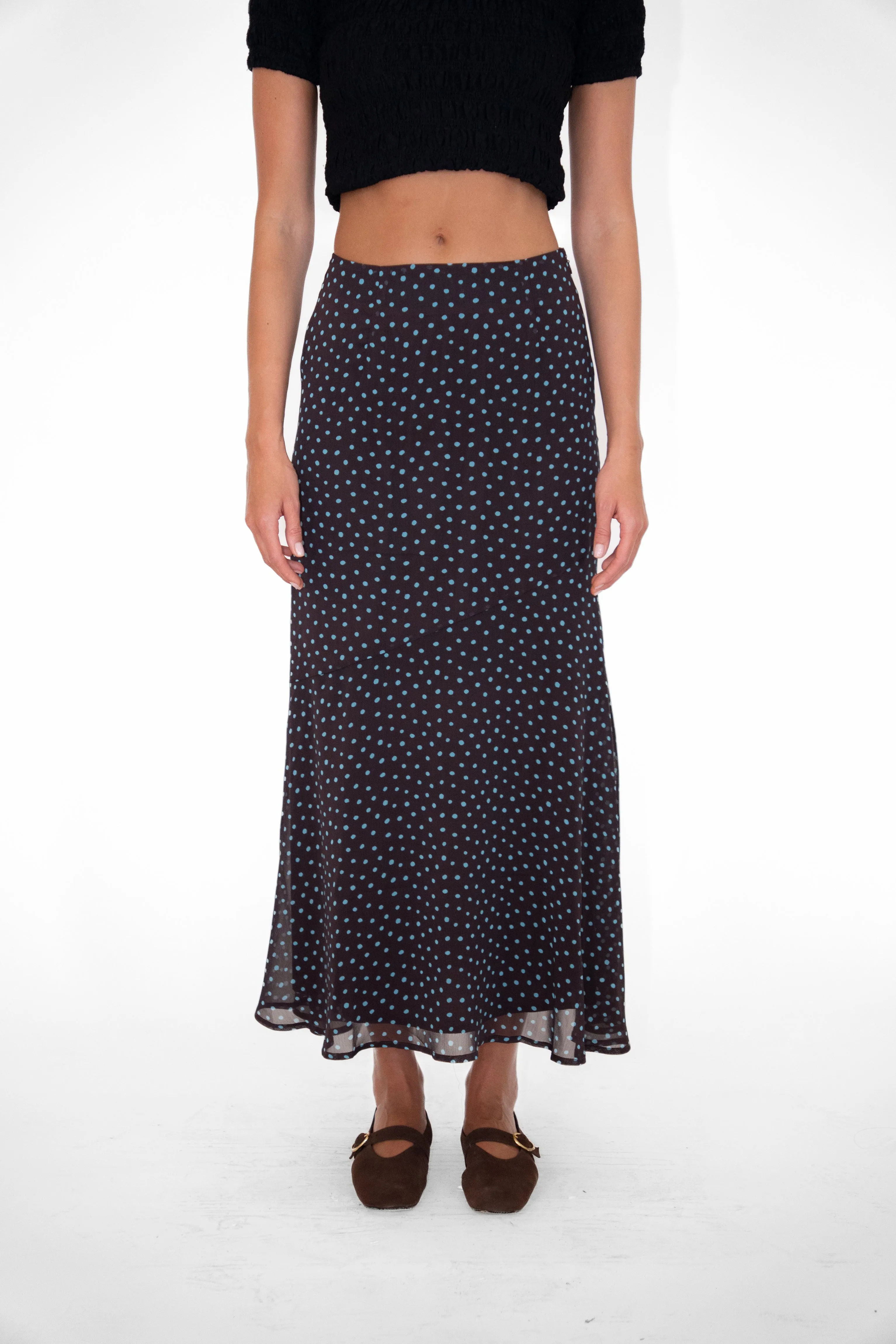 Alma Polka Dot Chiffon Asymmetric Maxi Skirt sold by AMYLYNN