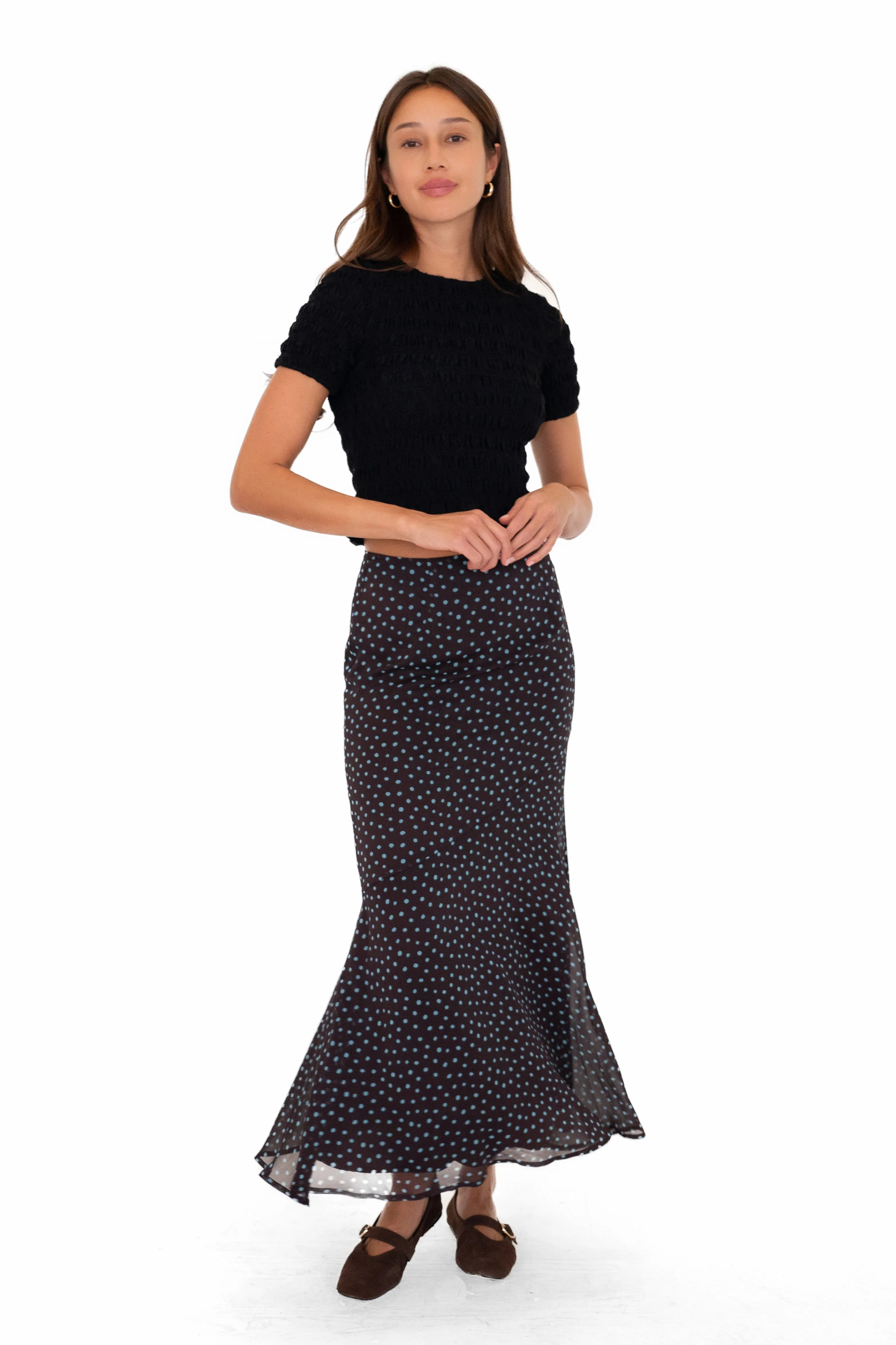 Alma Polka Dot Chiffon Asymmetric Maxi Skirt sold by AMYLYNN product image thumbnail 2