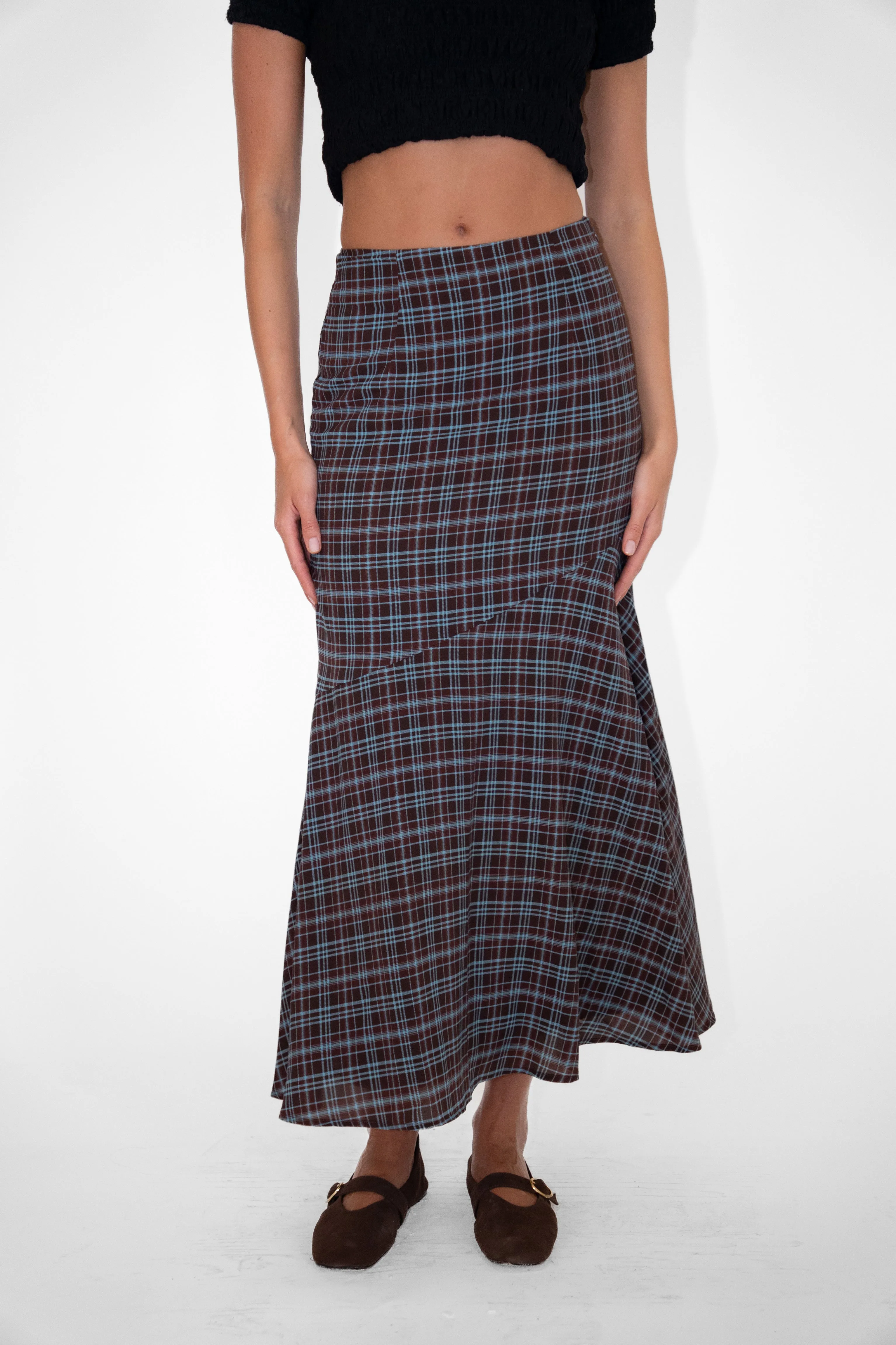 Alma Heritage Check Chiffon Asymmetric Maxi Skirt sold by AMYLYNN