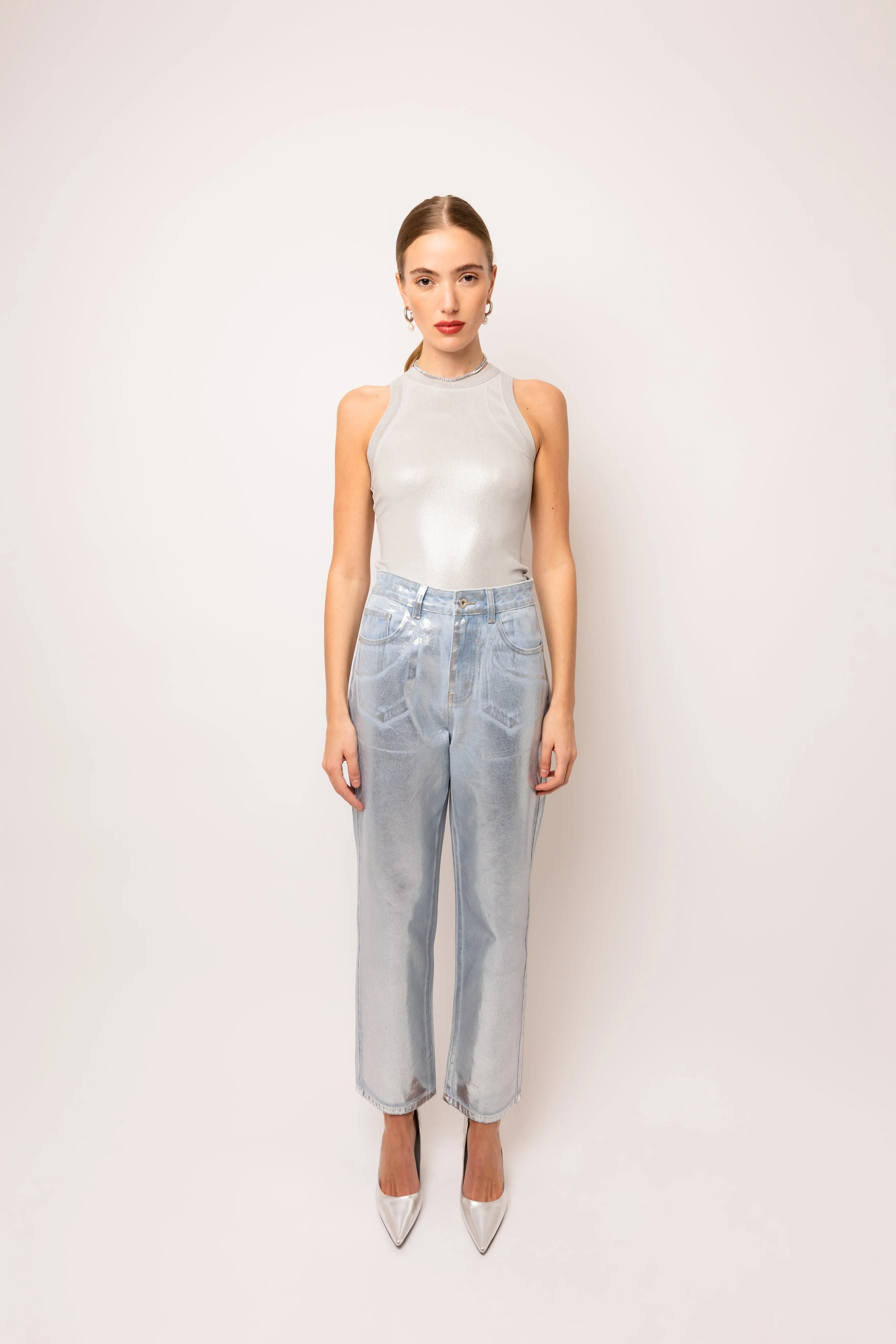 Lupe Rich Cotton Silver Denim Coated Trousers sold by AMYLYNN product image thumbnail 3