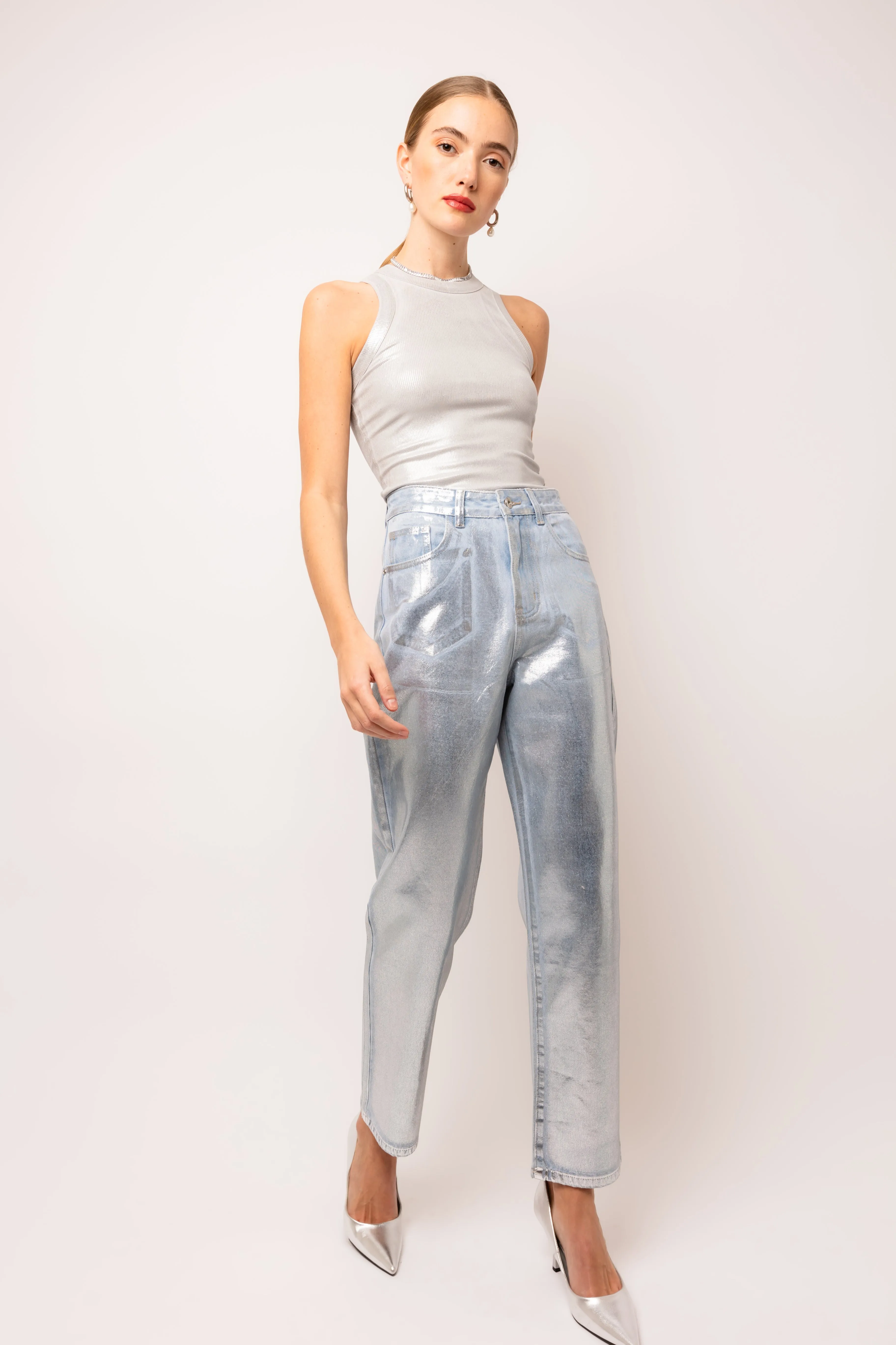 Lupe Rich Cotton Silver Denim Coated Trousers sold by AMYLYNN product image thumbnail 2
