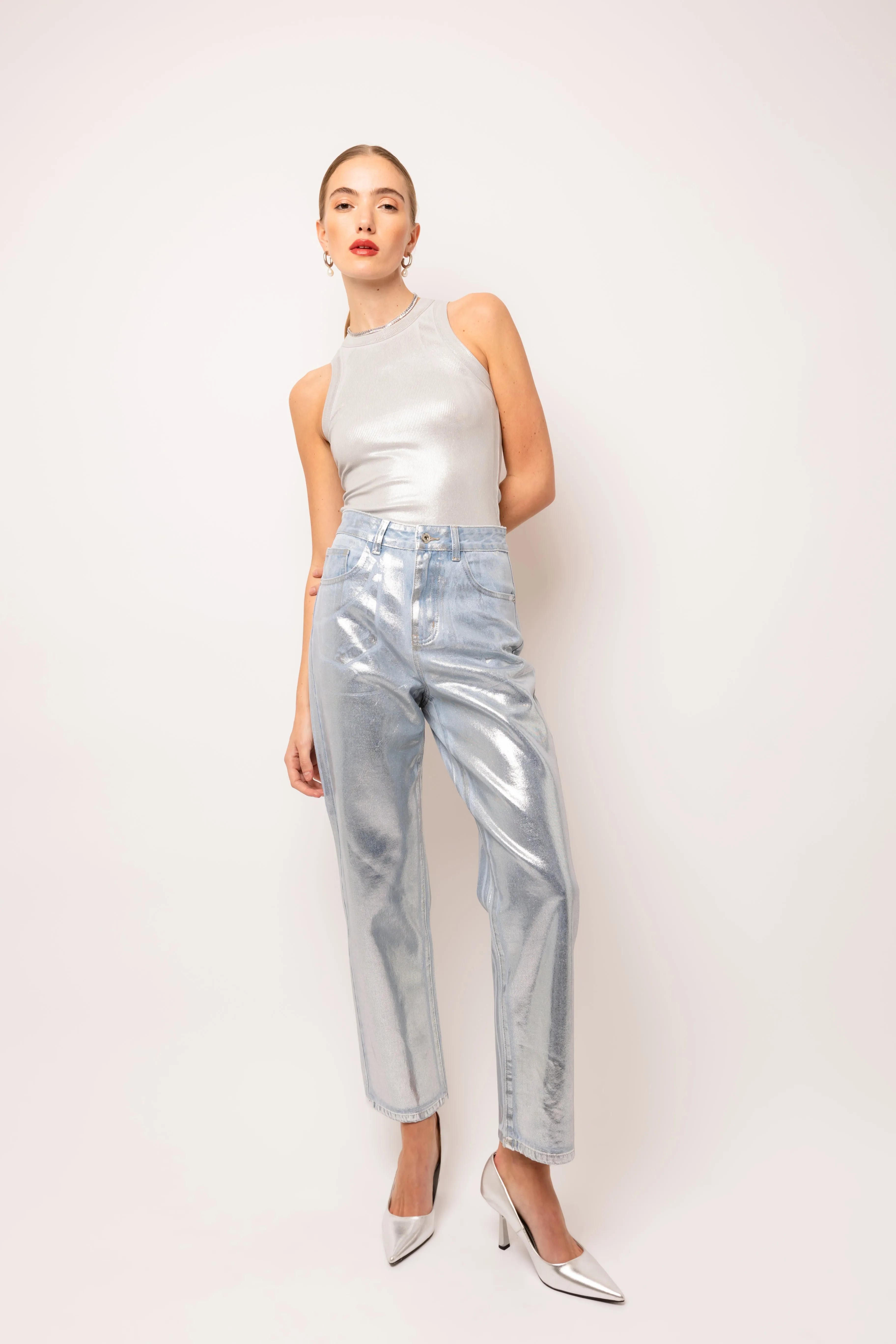 Lupe Rich Cotton Silver Denim Coated Trousers sold by AMYLYNN product image thumbnail 4