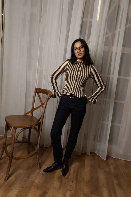 Yasmine Cotton Brown Stripe Smocked Shirt sold by AMYLYNN