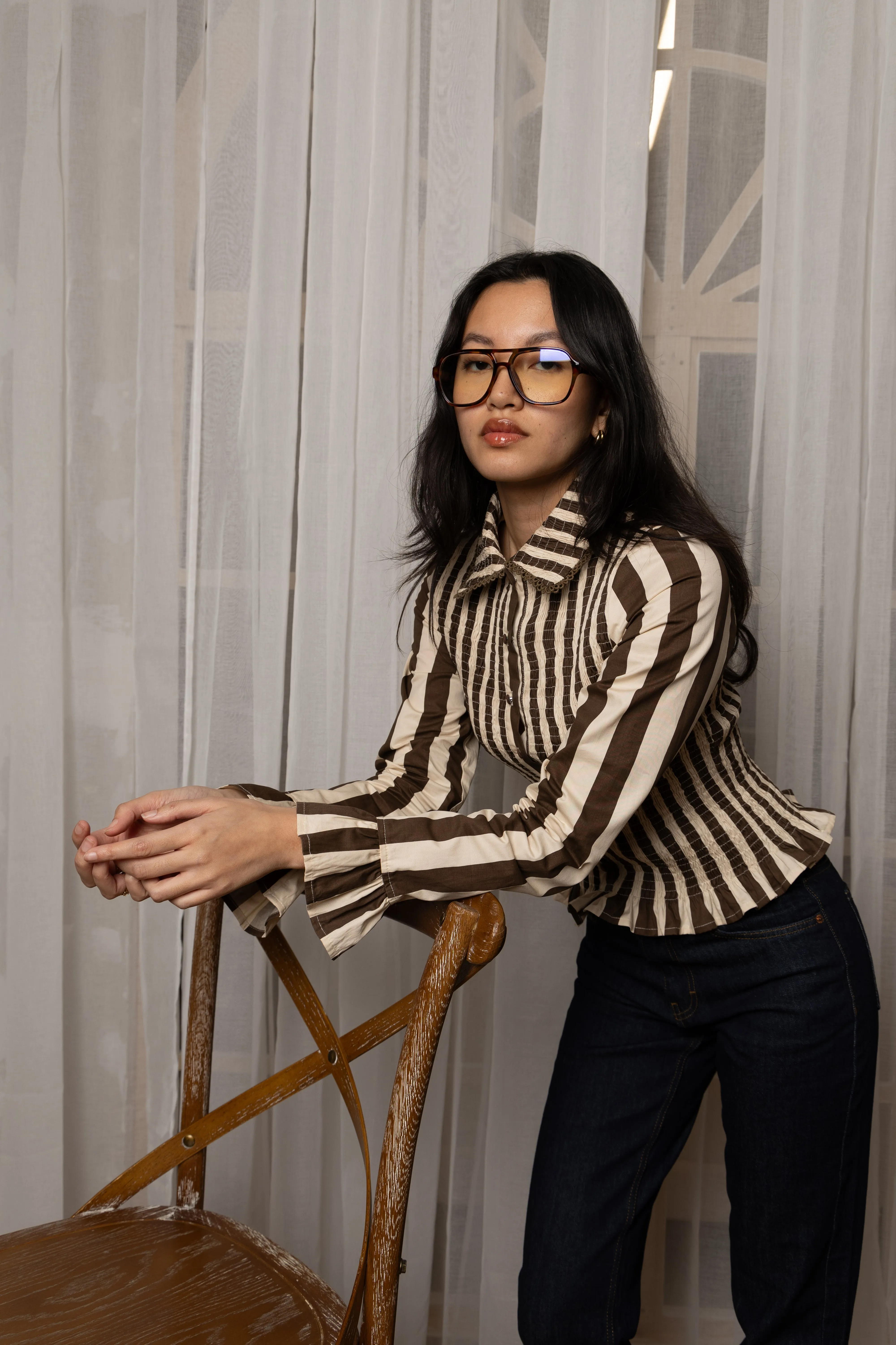 Yasmine Cotton Brown Stripe Smocked Shirt sold by AMYLYNN product image thumbnail 2