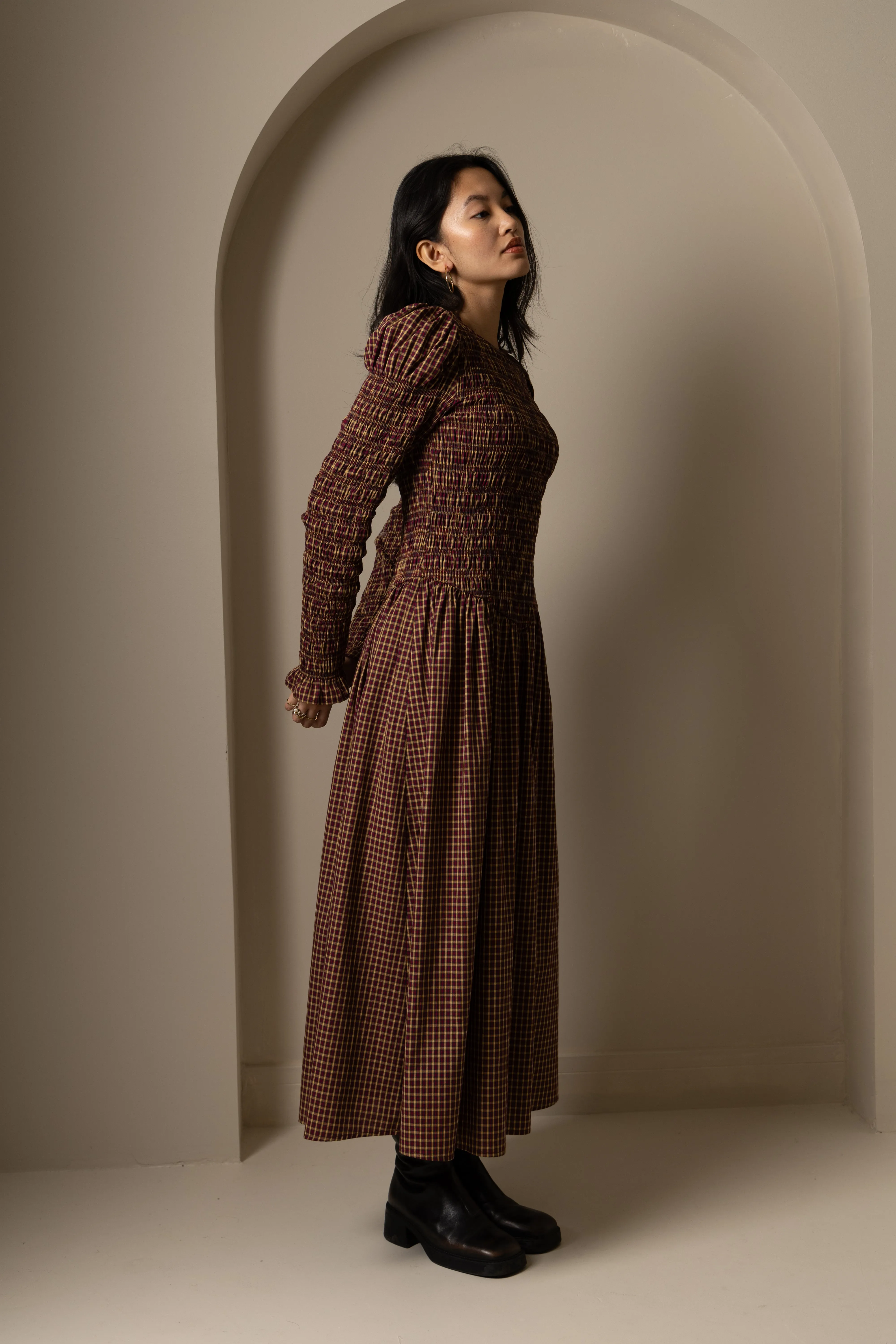 Cara Smocked Cotton Midiaxi Dress in Multi Gingham Check sold by AMYLYNN product image thumbnail 3