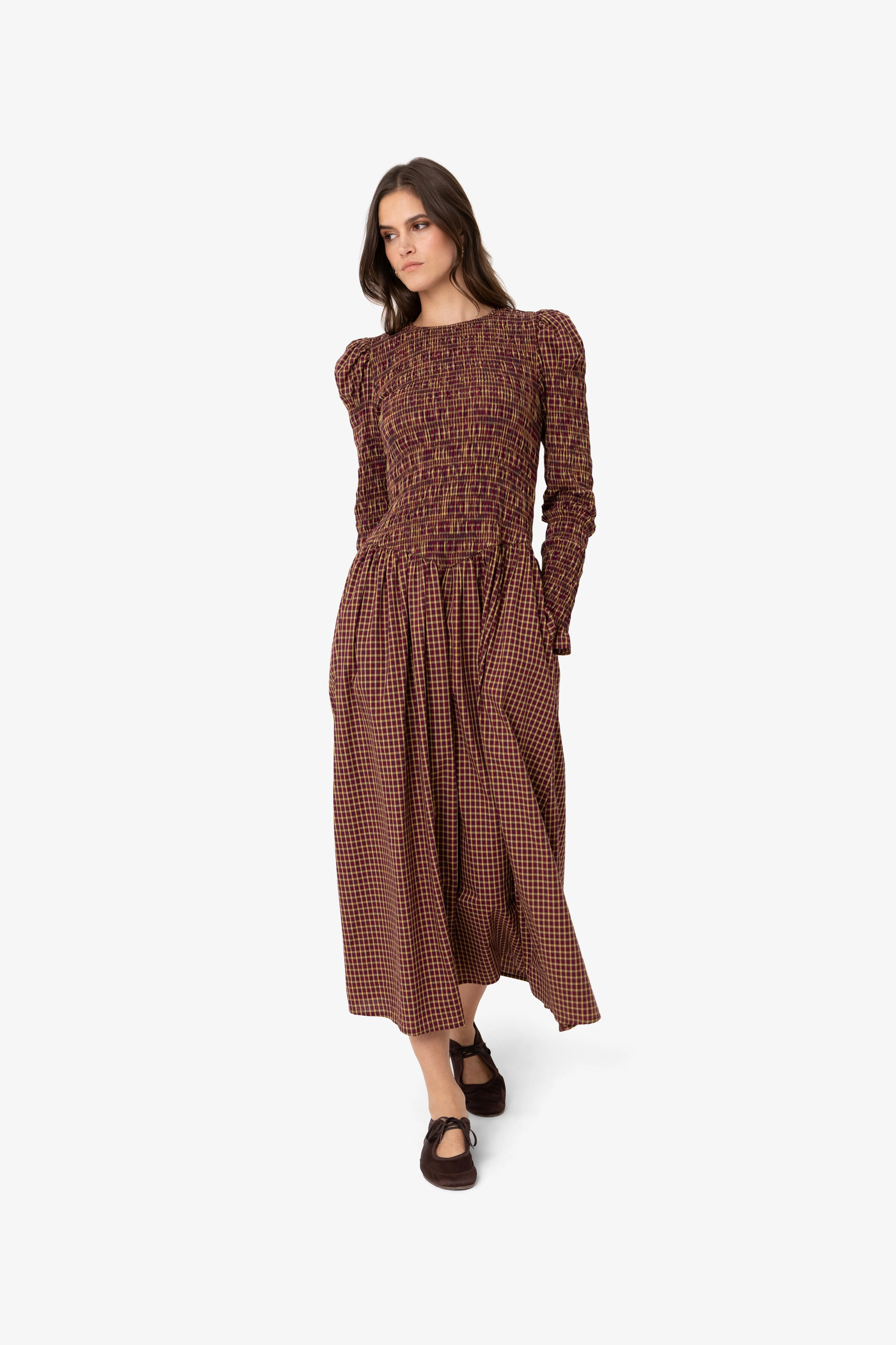 Cara Smocked Cotton Midiaxi Dress in Multi Gingham Check sold by AMYLYNN product image thumbnail 4