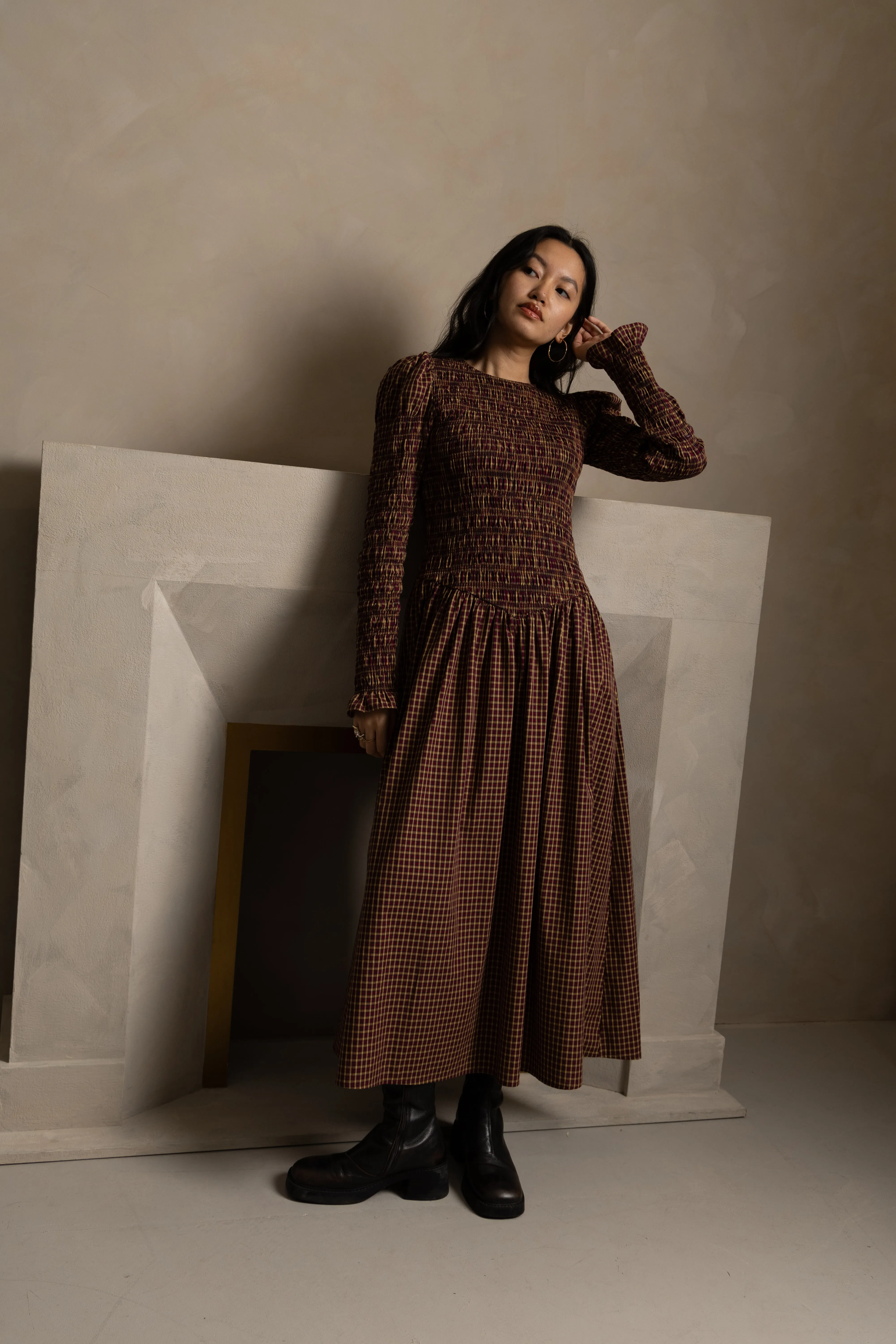 Cara Smocked Cotton Midiaxi Dress in Multi Gingham Check sold by AMYLYNN product image thumbnail 2