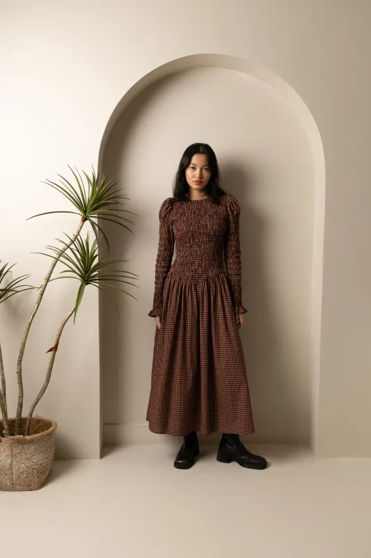 Cara Smocked Cotton Midiaxi Dress in Multi Gingham Check sold by AMYLYNN