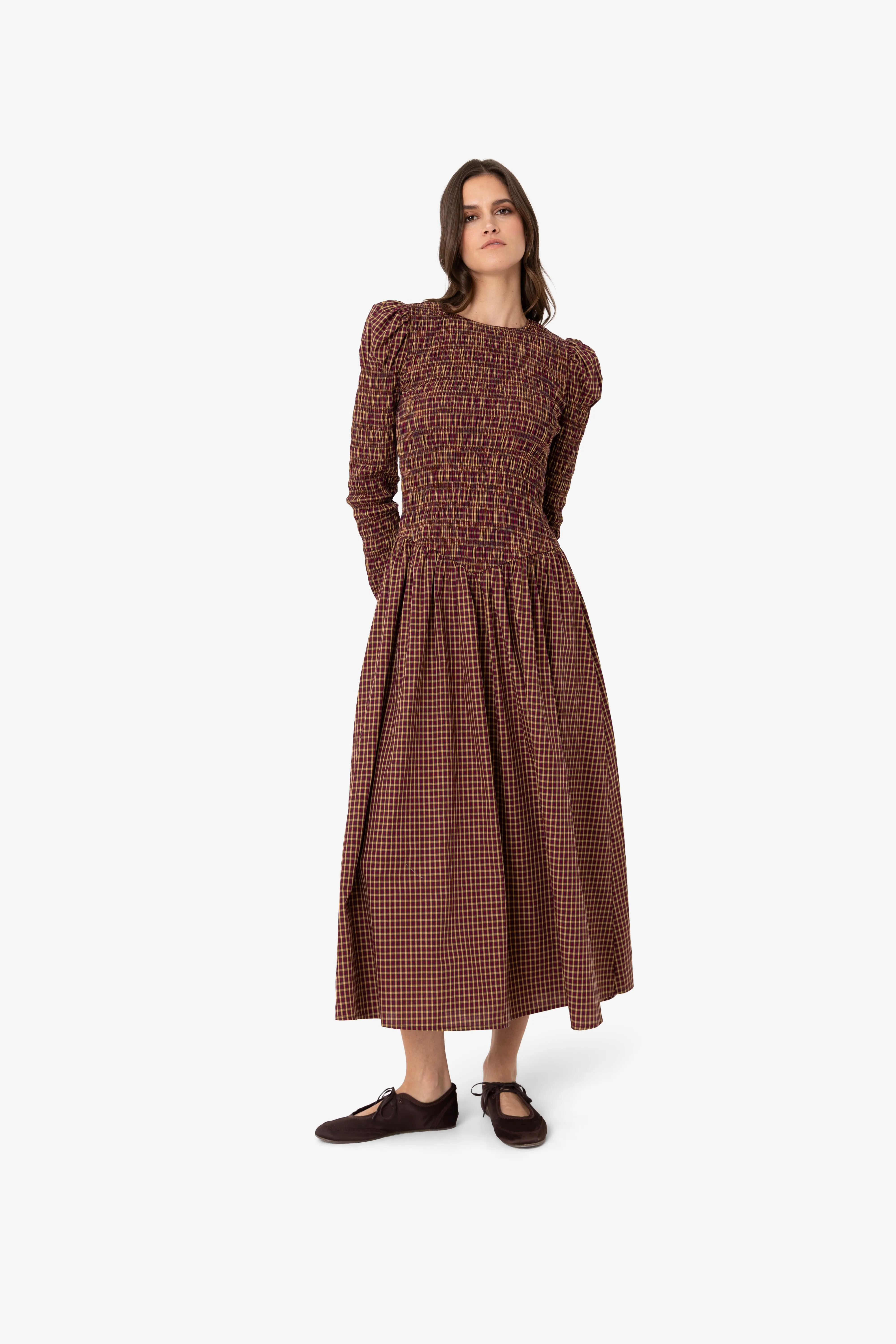 Cara Smocked Cotton Midiaxi Dress in Multi Gingham Check sold by AMYLYNN product image thumbnail 5