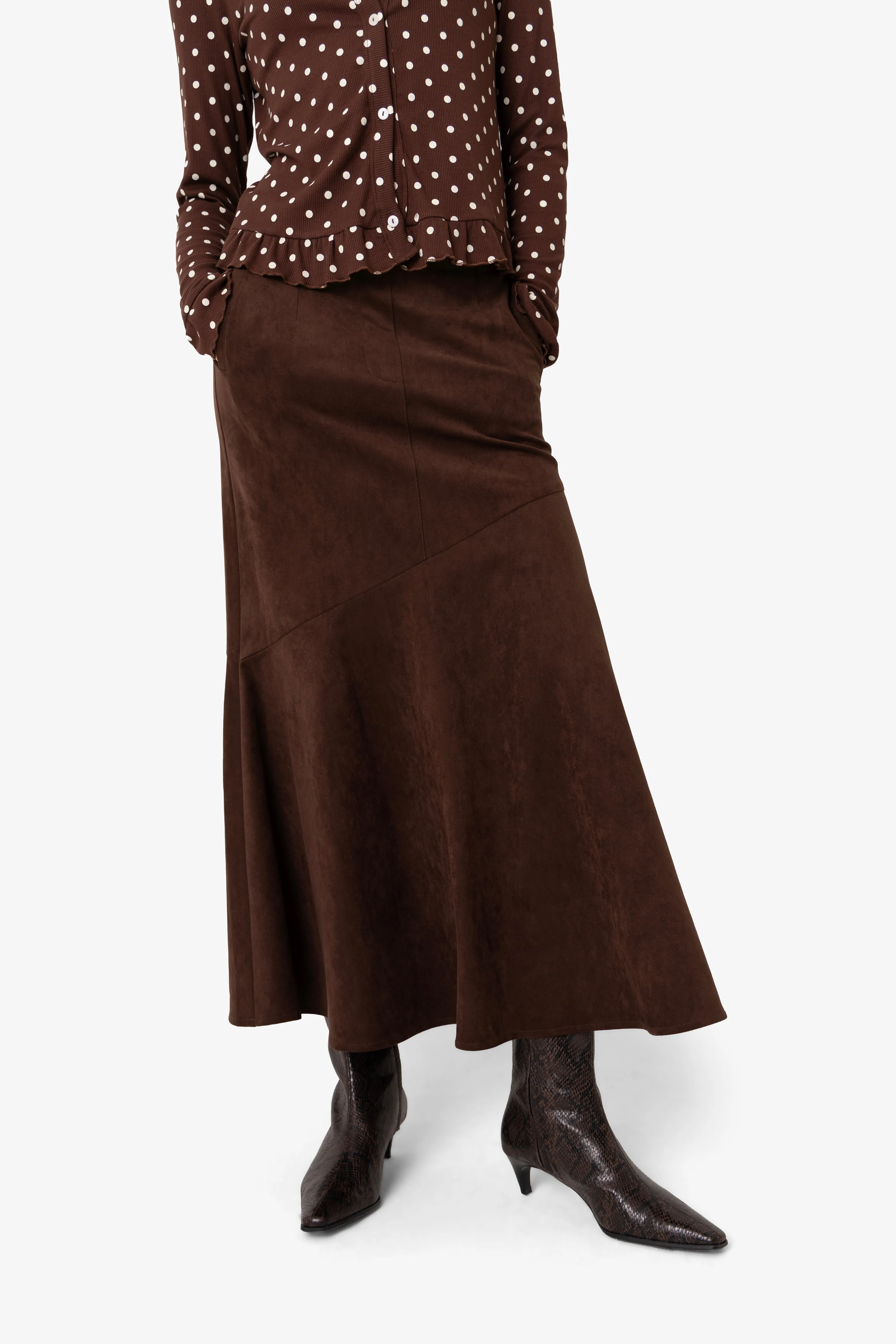 Suki Faux Suede Chiffon Asymmetric Maxi Skirt sold by AMYLYNN product image thumbnail 4