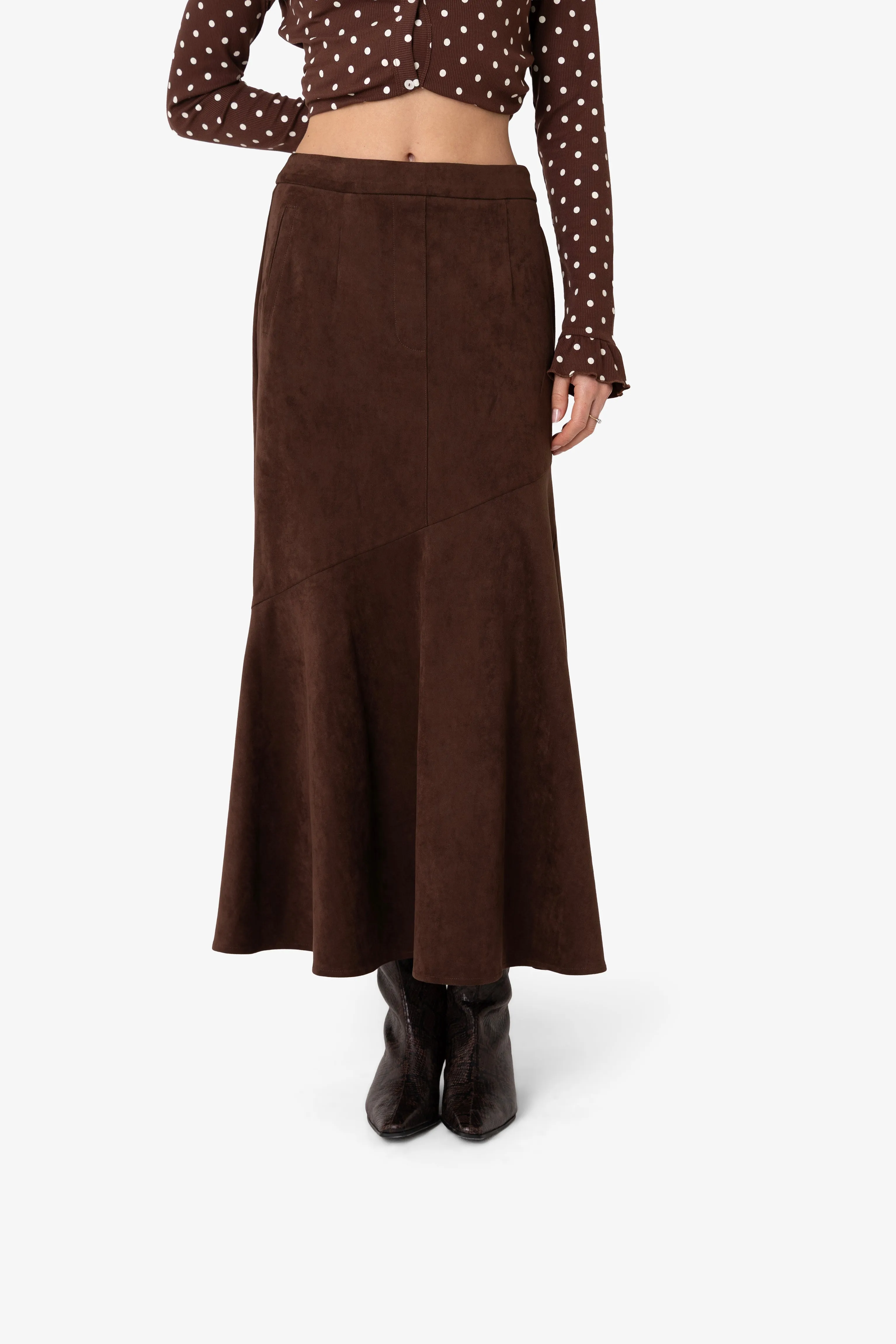 Suki Faux Suede Chiffon Asymmetric Maxi Skirt sold by AMYLYNN product image thumbnail 5