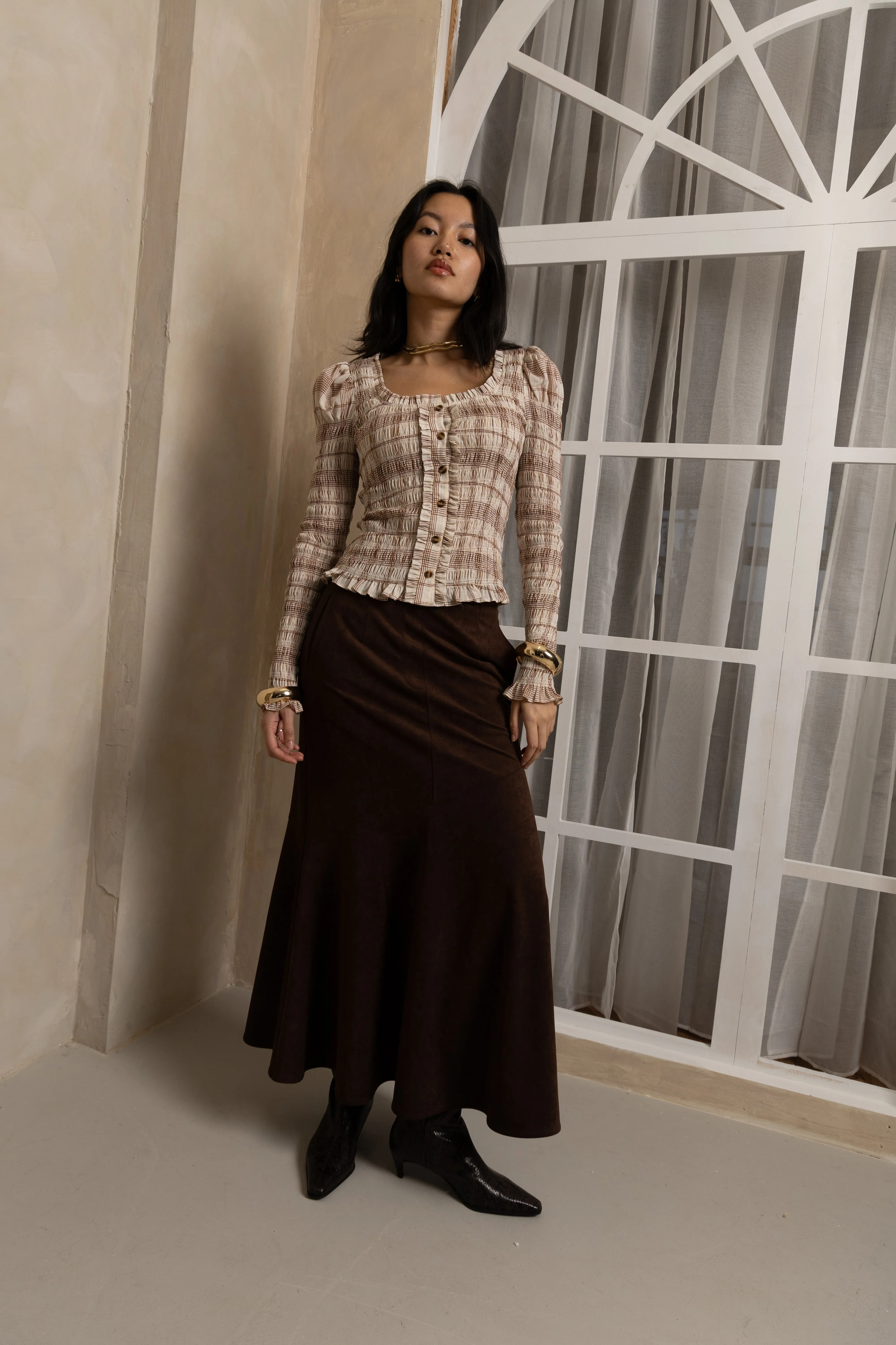 Suki Faux Suede Chiffon Asymmetric Maxi Skirt sold by AMYLYNN product image thumbnail 2