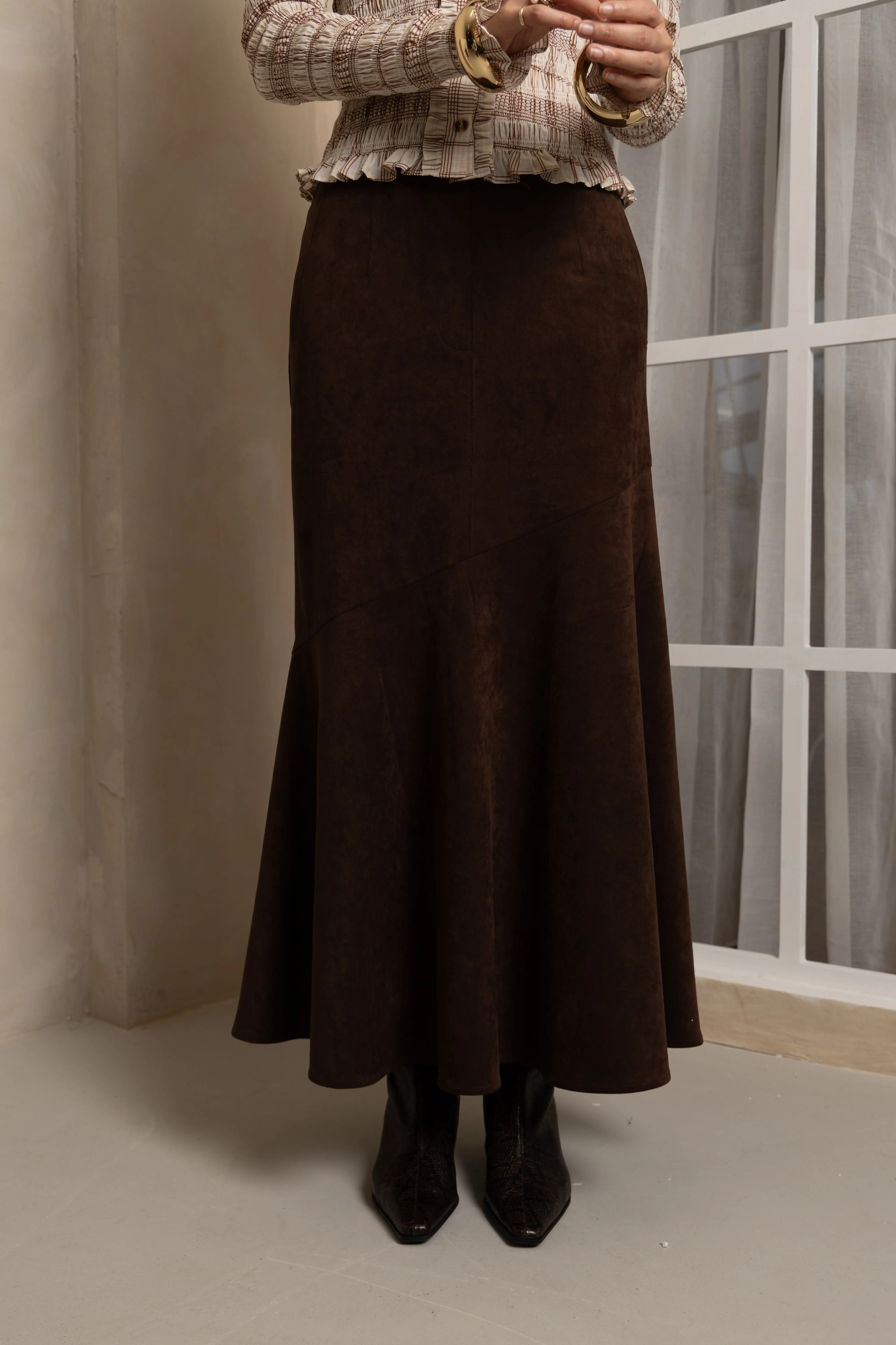 Suki Faux Suede Chiffon Asymmetric Maxi Skirt sold by AMYLYNN