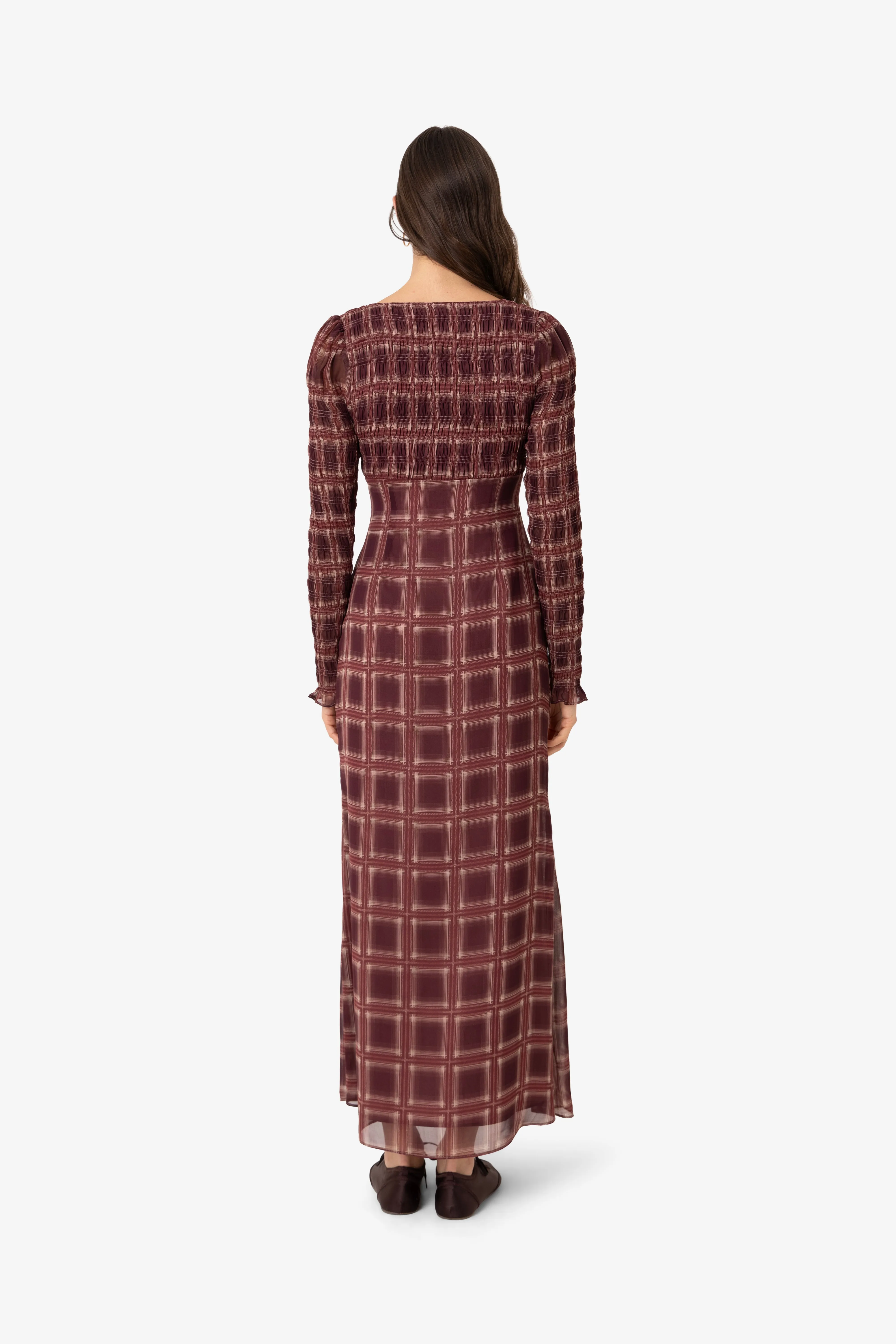 Noor Smocked Checkered Long Sleeve Column Dress sold by AMYLYNN product image thumbnail 4