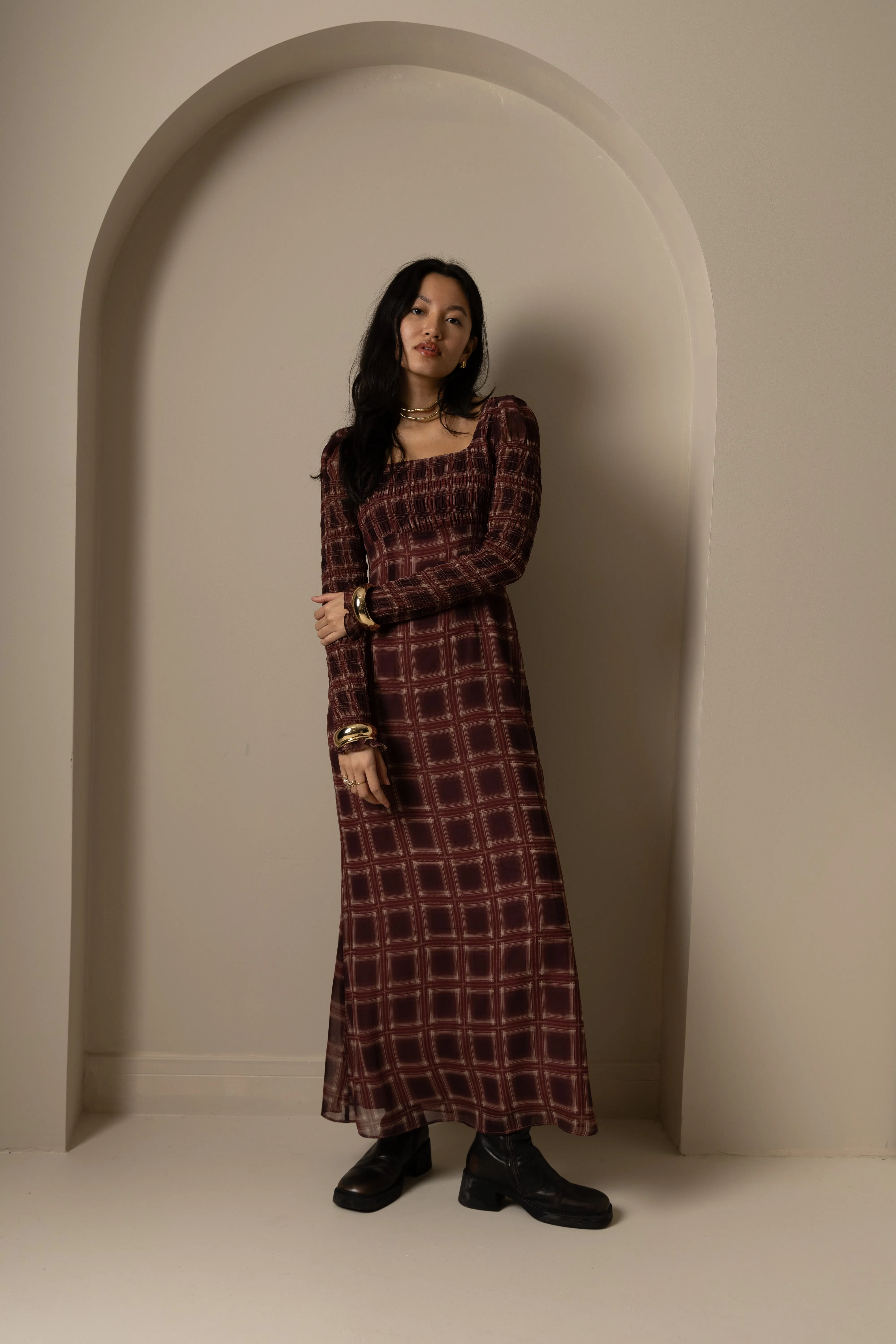 Noor Smocked Checkered Long Sleeve Column Dress sold by AMYLYNN