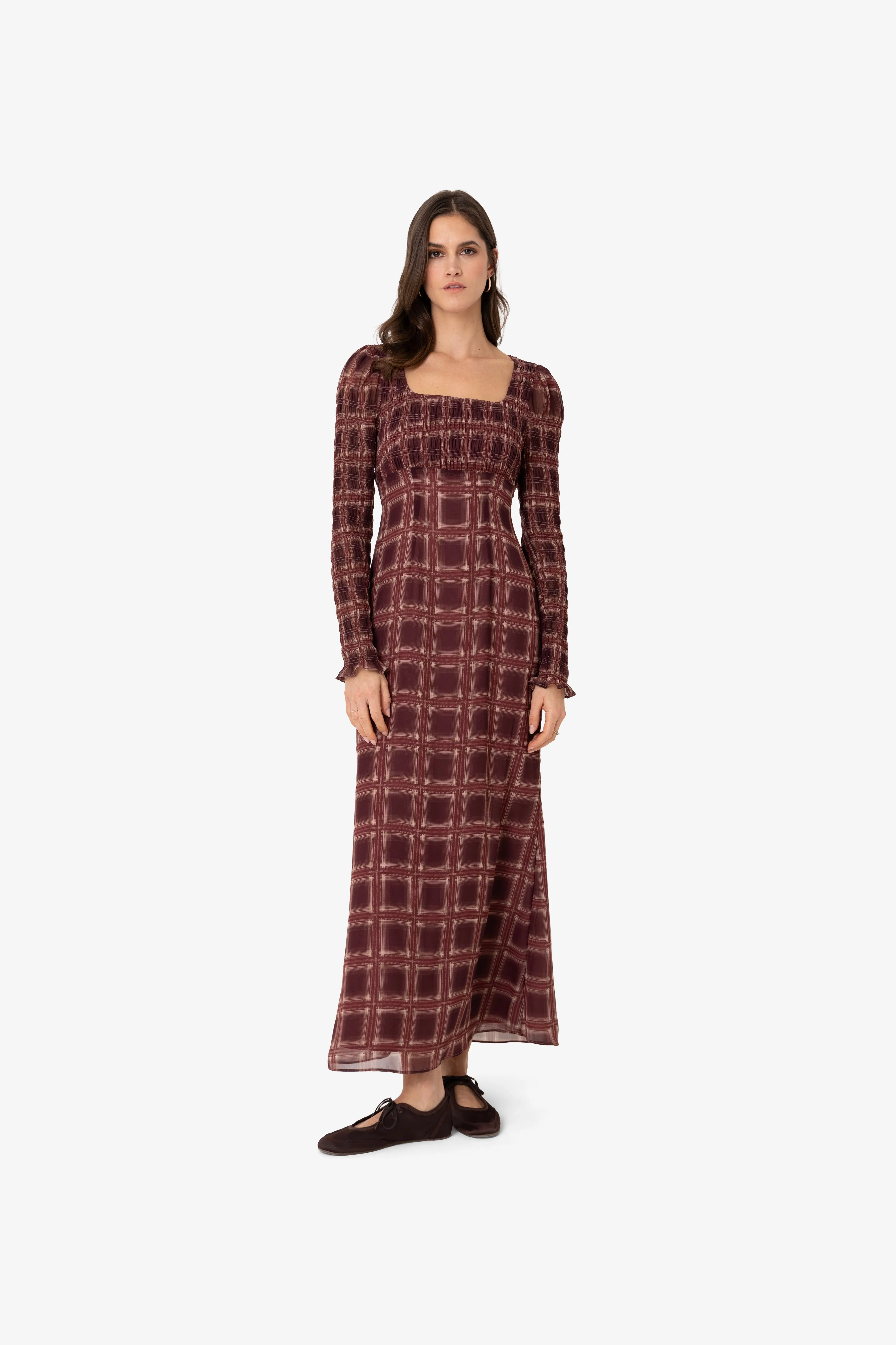 Noor Smocked Checkered Long Sleeve Column Dress sold by AMYLYNN product image thumbnail 3