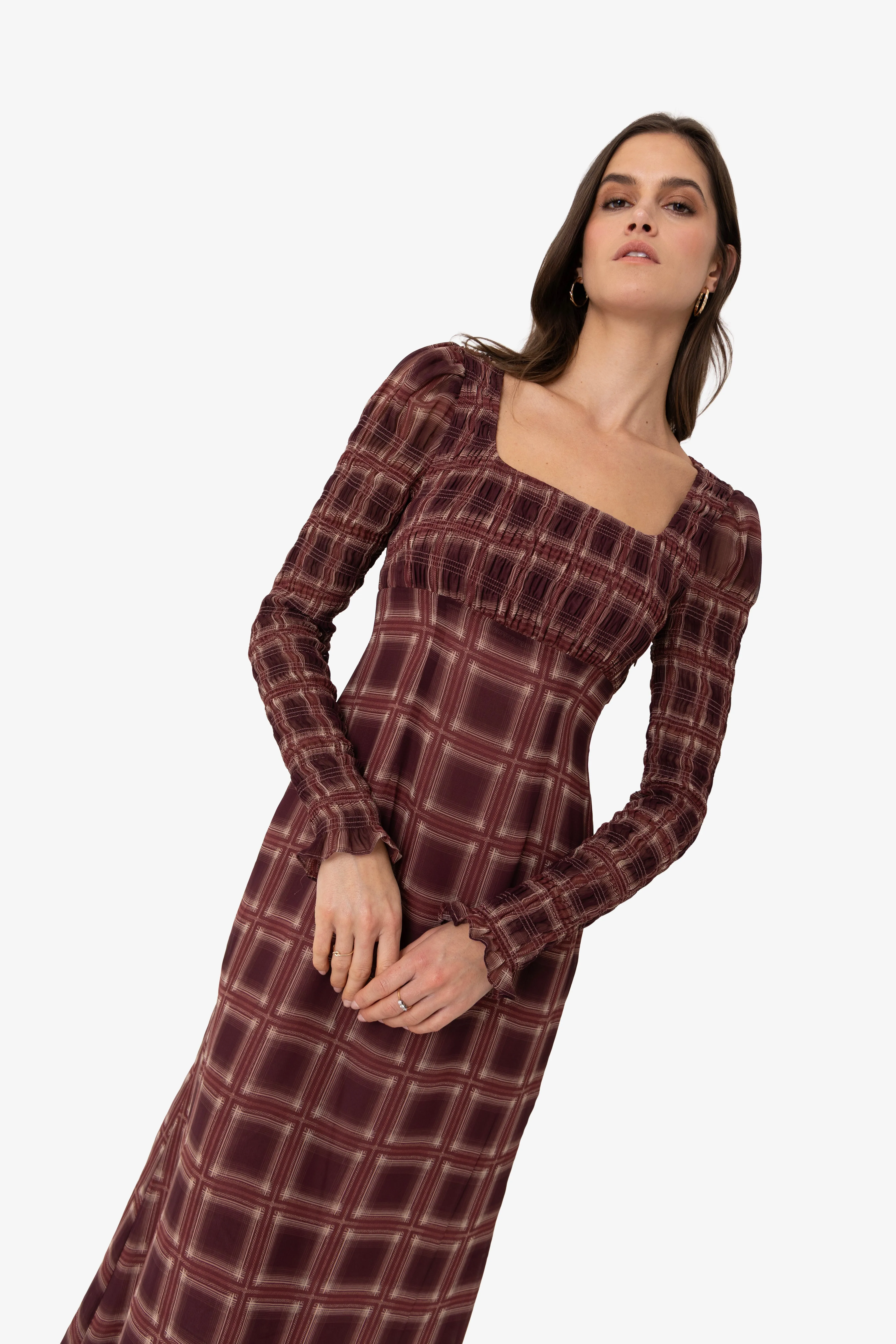 Noor Smocked Checkered Long Sleeve Column Dress sold by AMYLYNN product image thumbnail 5