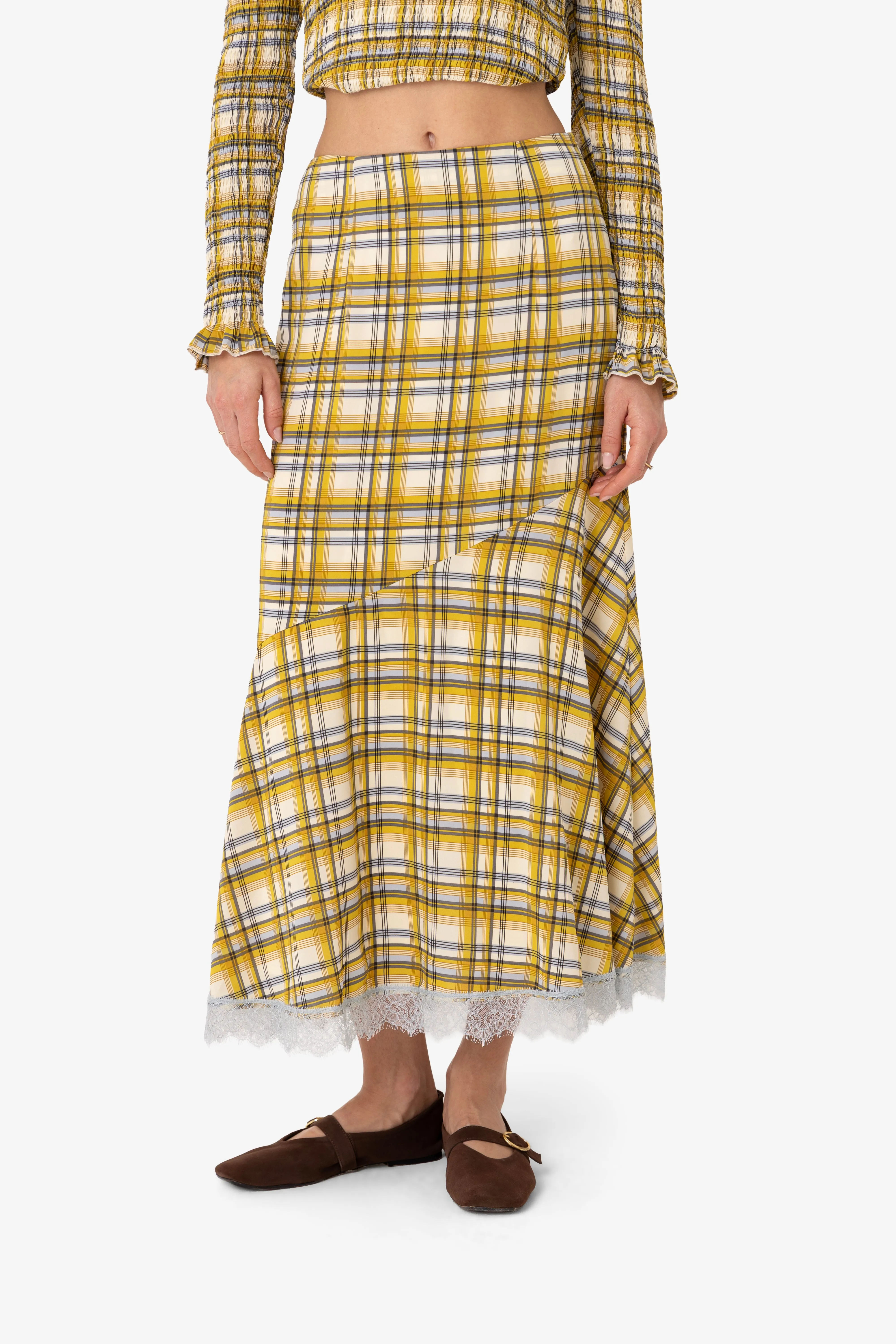 Sunnie Yellow Plaid Asymetric Lace Trim Skirt sold by AMYLYNN product image thumbnail 3