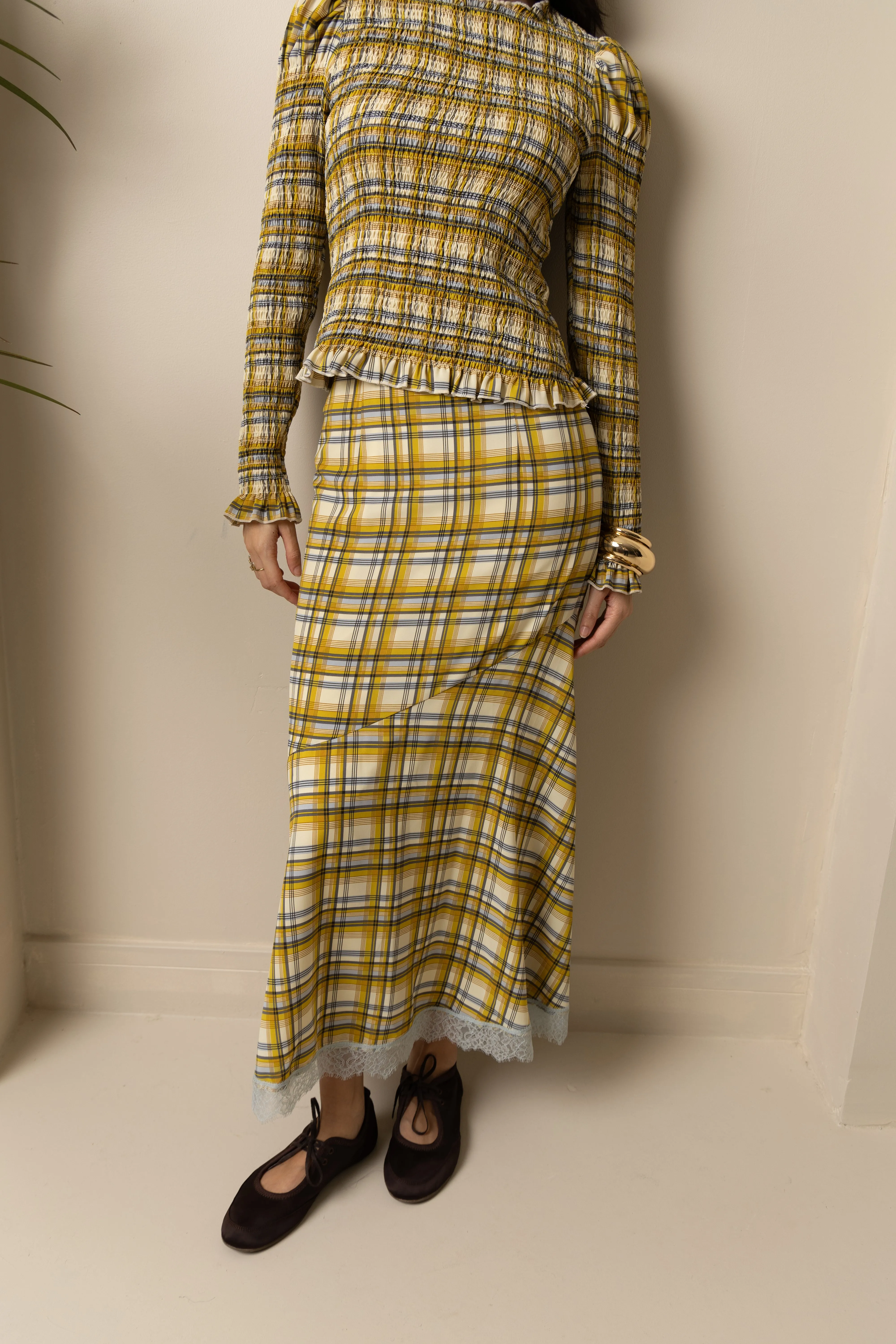 Sunnie Yellow Plaid Asymetric Lace Trim Skirt sold by AMYLYNN