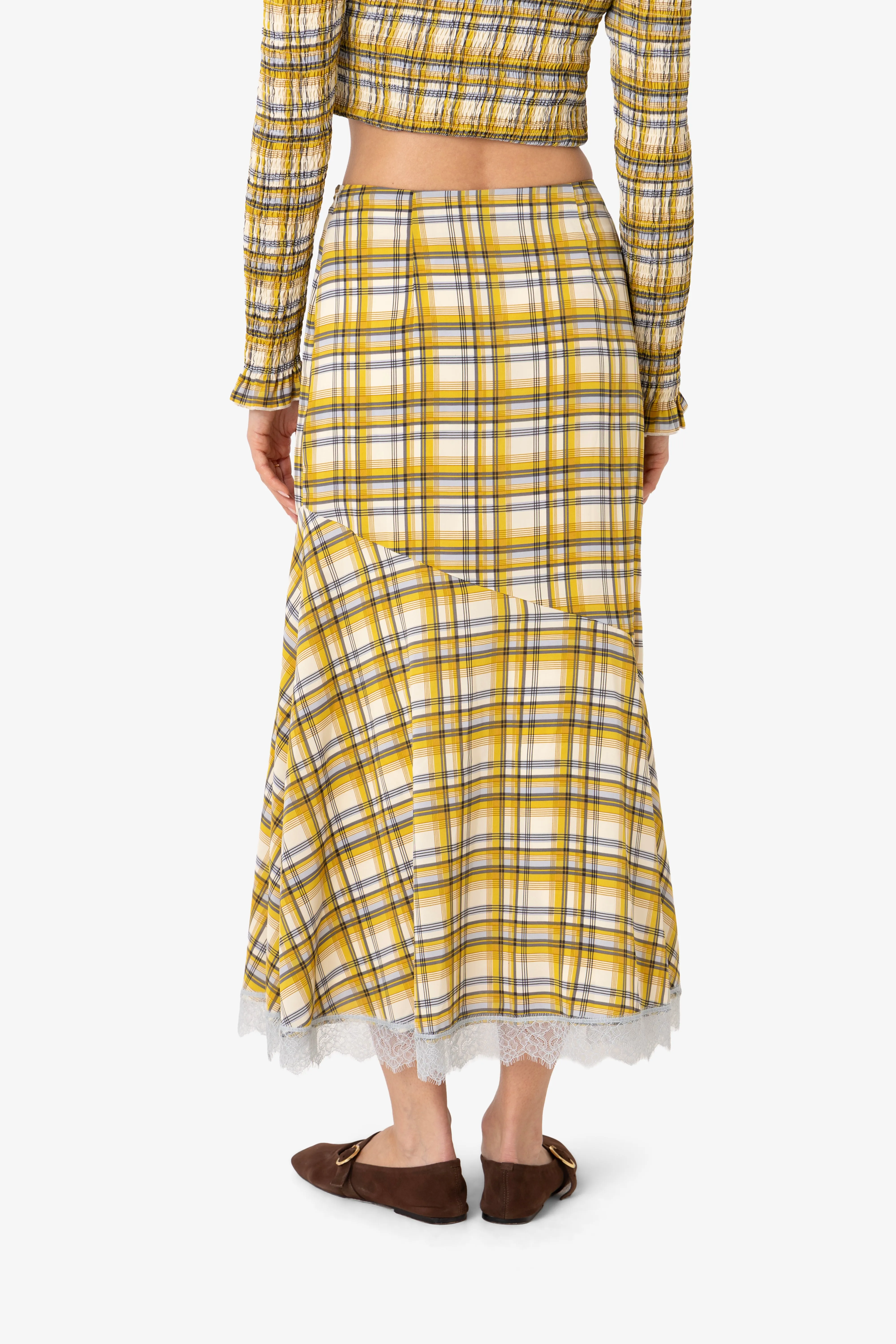 Sunnie Yellow Plaid Asymetric Lace Trim Skirt sold by AMYLYNN product image thumbnail 4