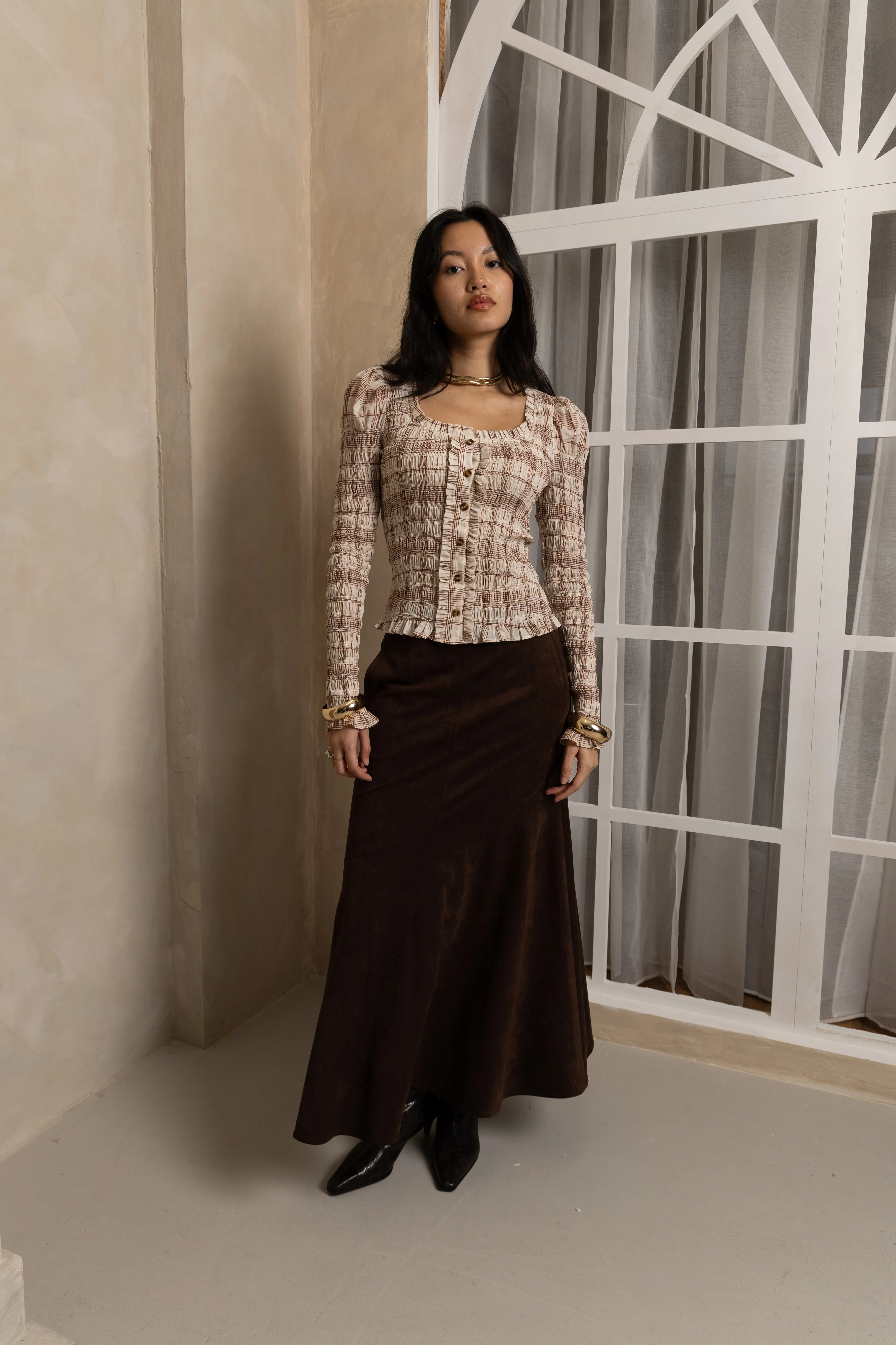 Maisie Smocked Cotton Blouse in Windowpane Check sold by AMYLYNN