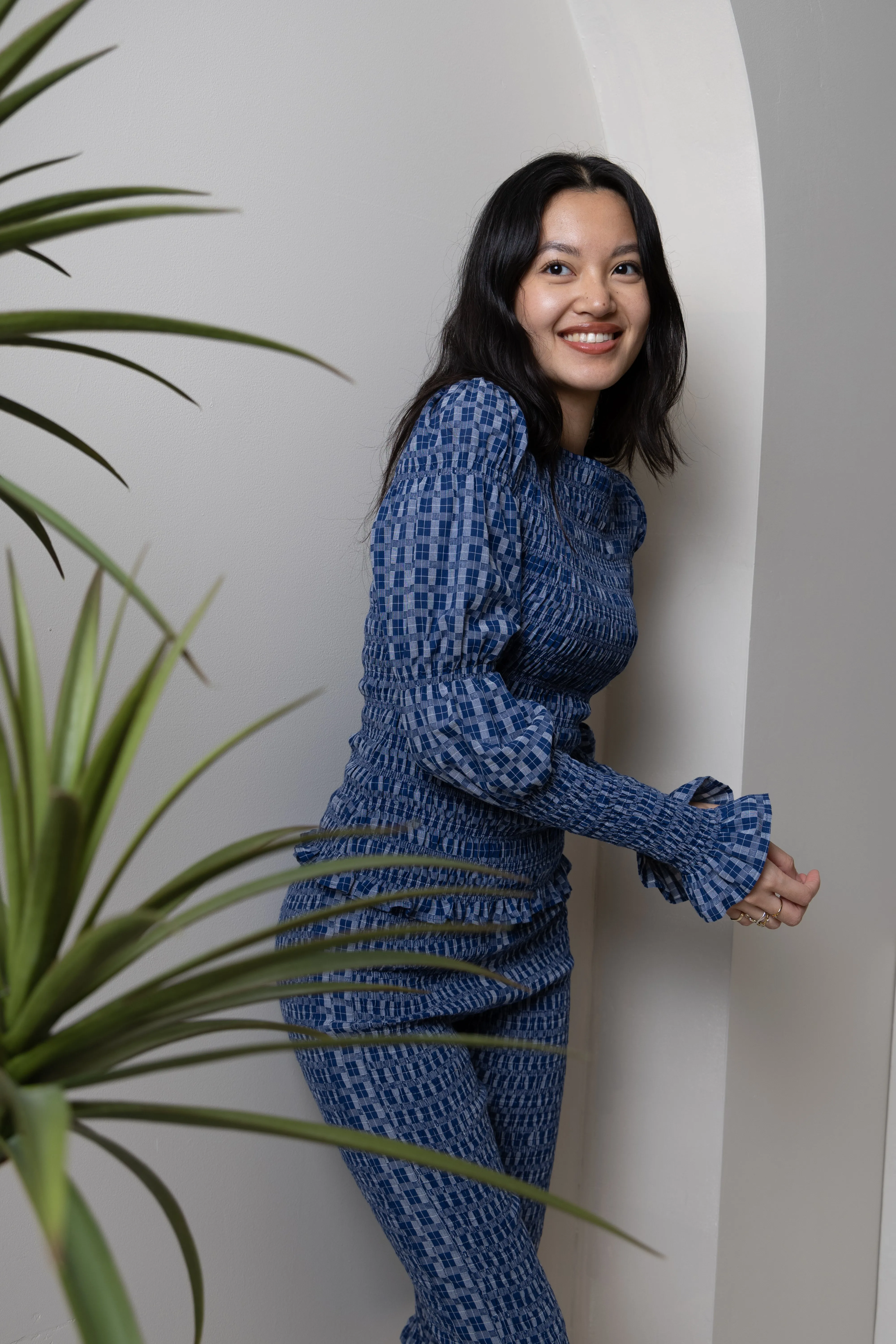 Iris Indigo Checkerboard Cotton Smocked Sleeve Top sold by AMYLYNN product image thumbnail 3