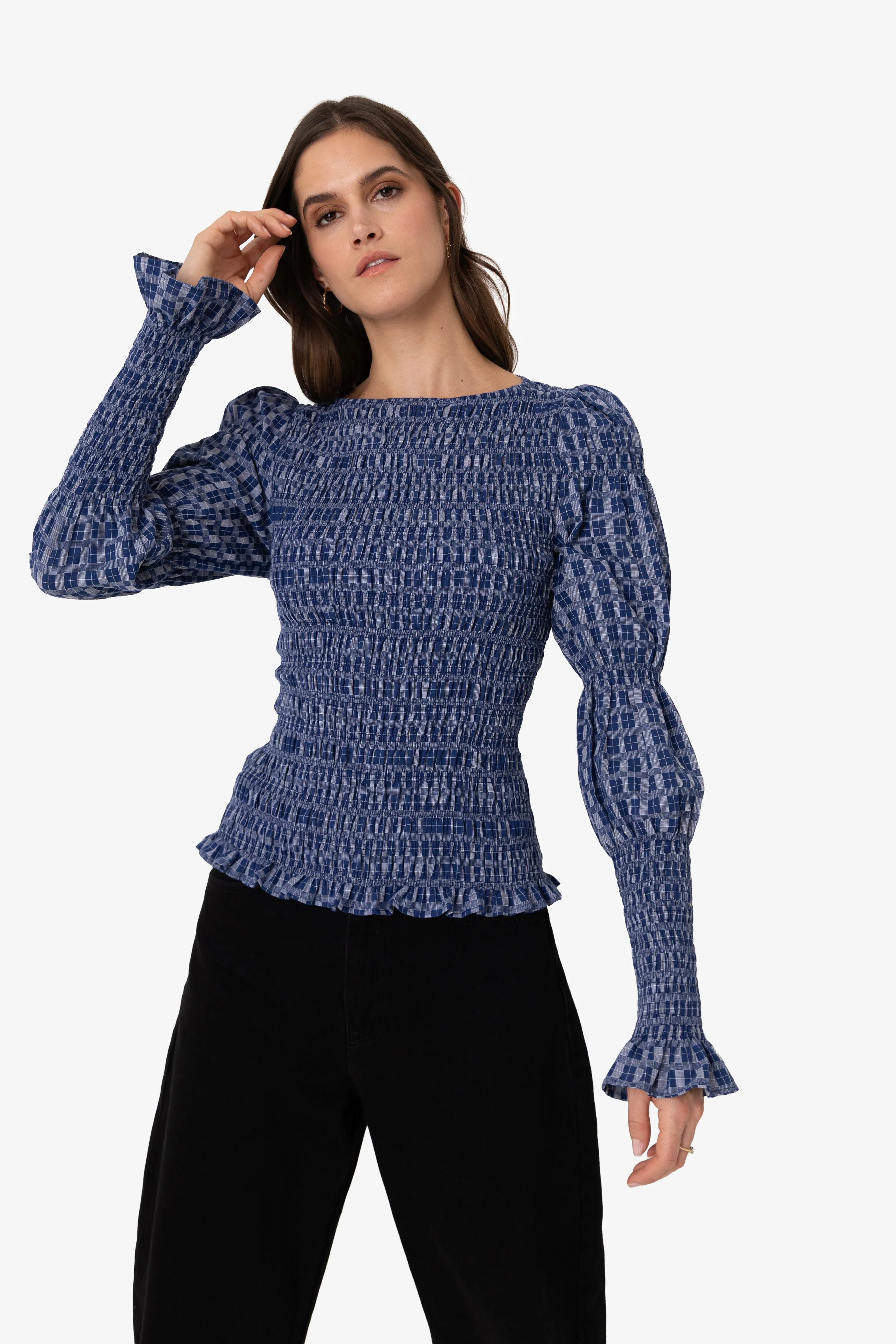 Iris Indigo Checkerboard Cotton Smocked Sleeve Top sold by AMYLYNN product image thumbnail 5