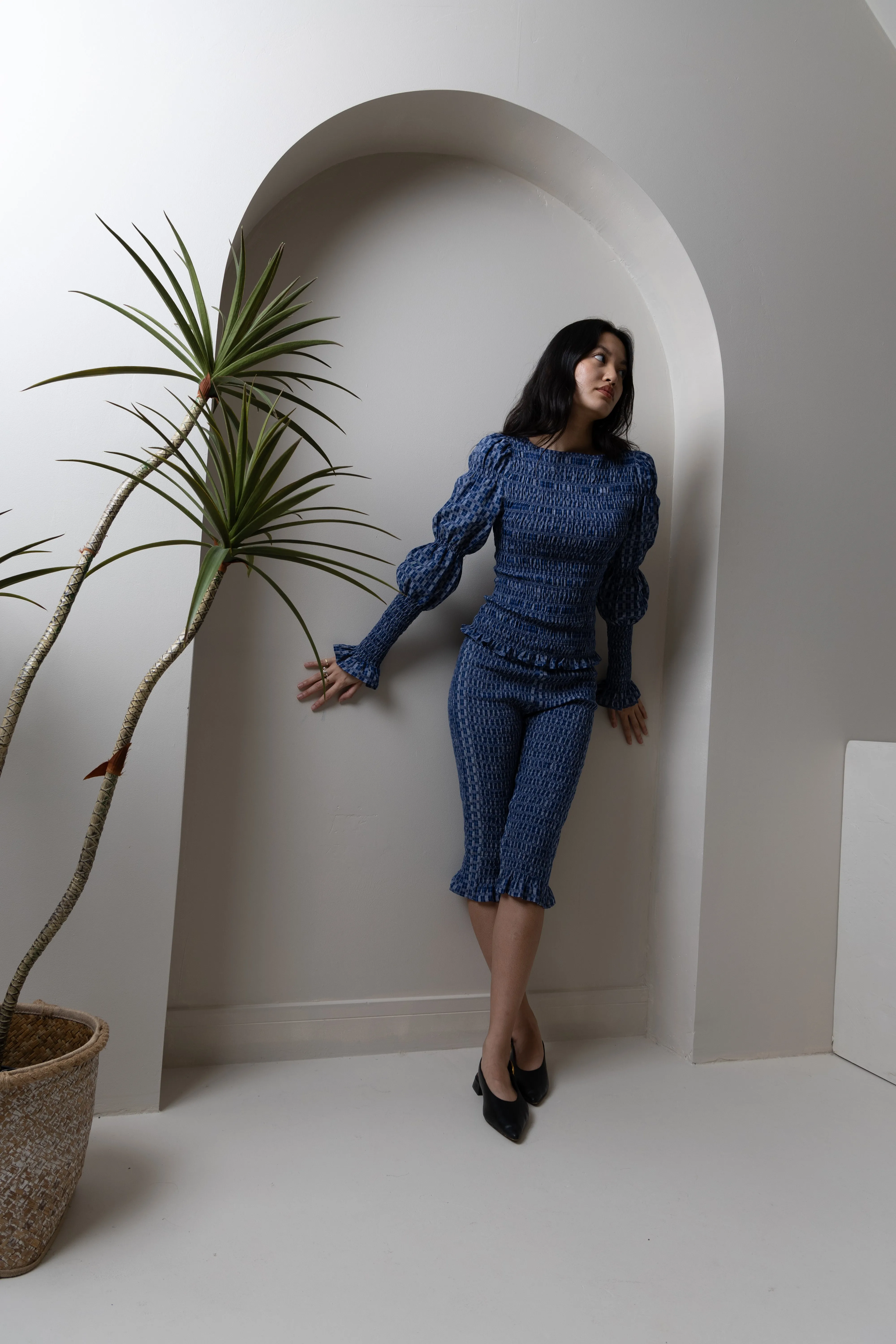 Iris Indigo Checkerboard Cotton Smocked Sleeve Top sold by AMYLYNN product image thumbnail 2