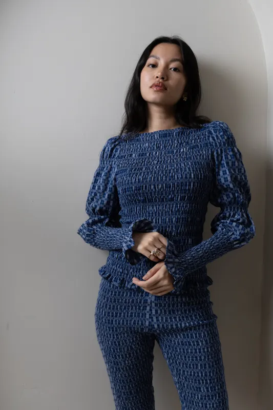 Iris Indigo Checkerboard Cotton Smocked Sleeve Top sold by AMYLYNN