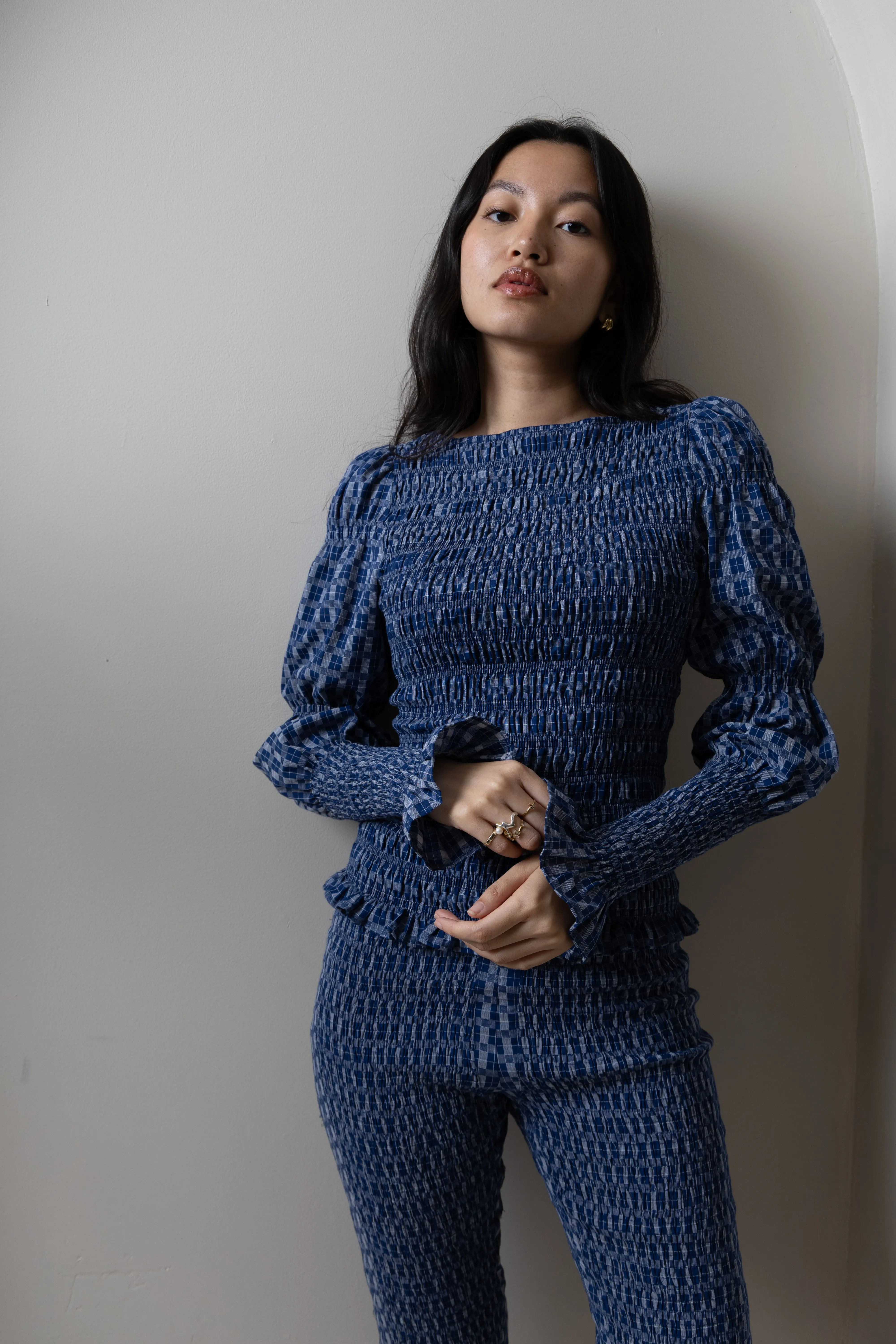 Iris Indigo Checkerboard Cotton Smocked Sleeve Top sold by AMYLYNN