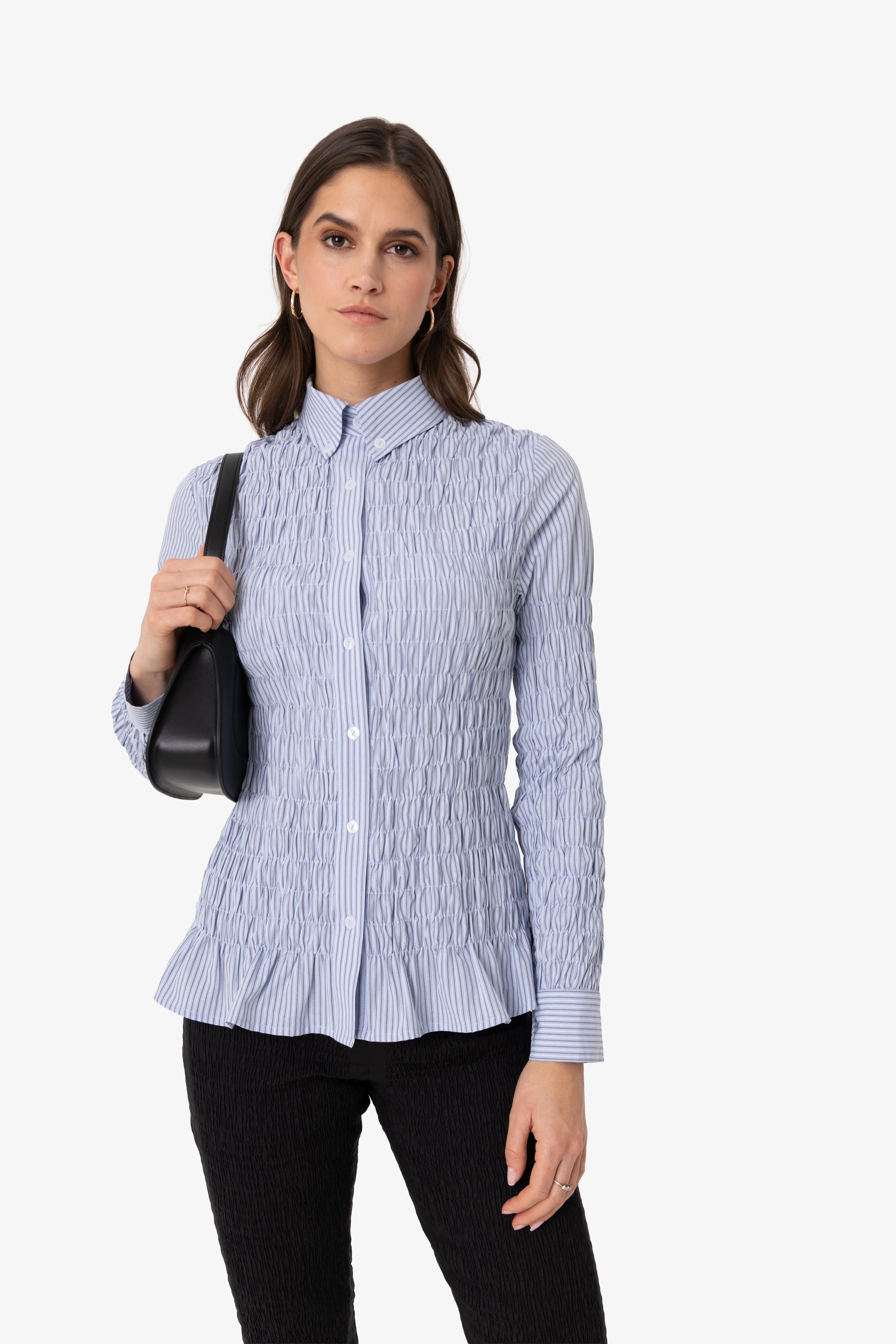 Olivia Smocked Cotton Shirt in Blue Stripe sold by AMYLYNN product image thumbnail 3