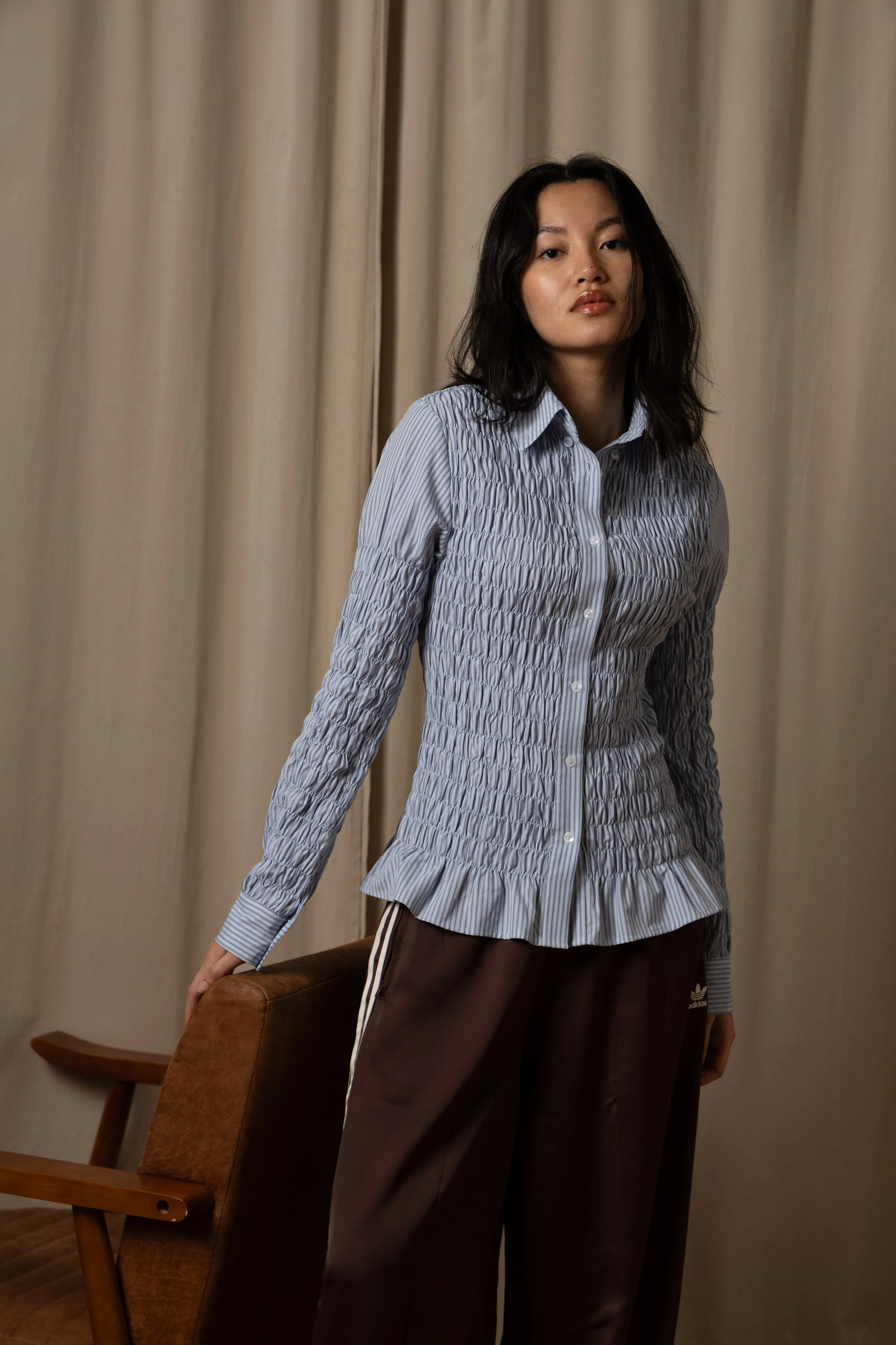 Olivia Smocked Cotton Shirt in Blue Stripe sold by AMYLYNN